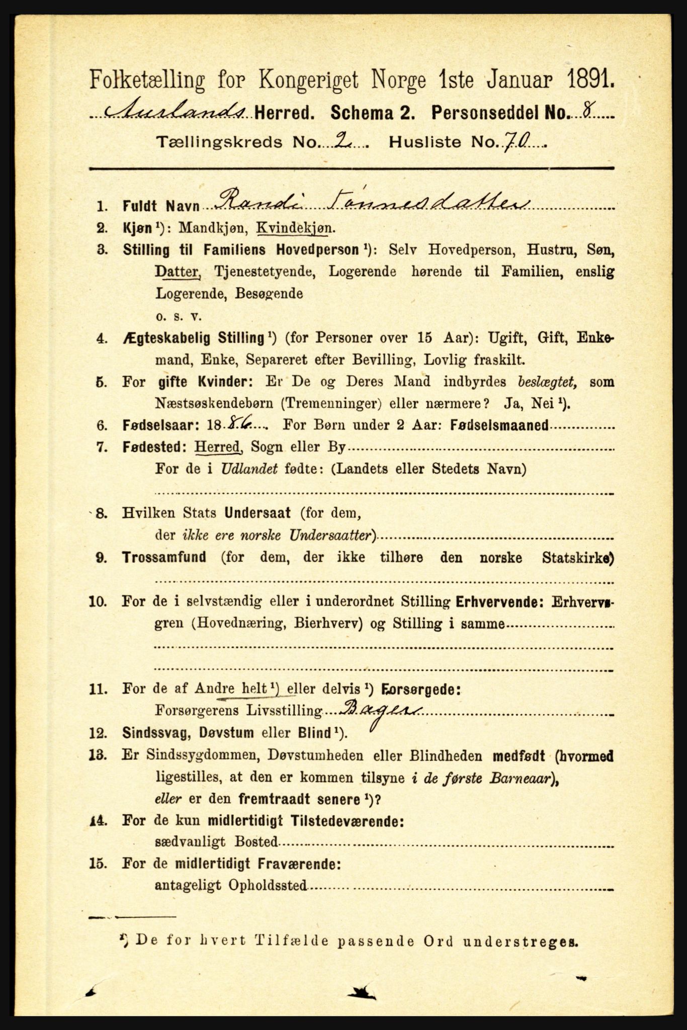 RA, 1891 census for 1421 Aurland, 1891, p. 872