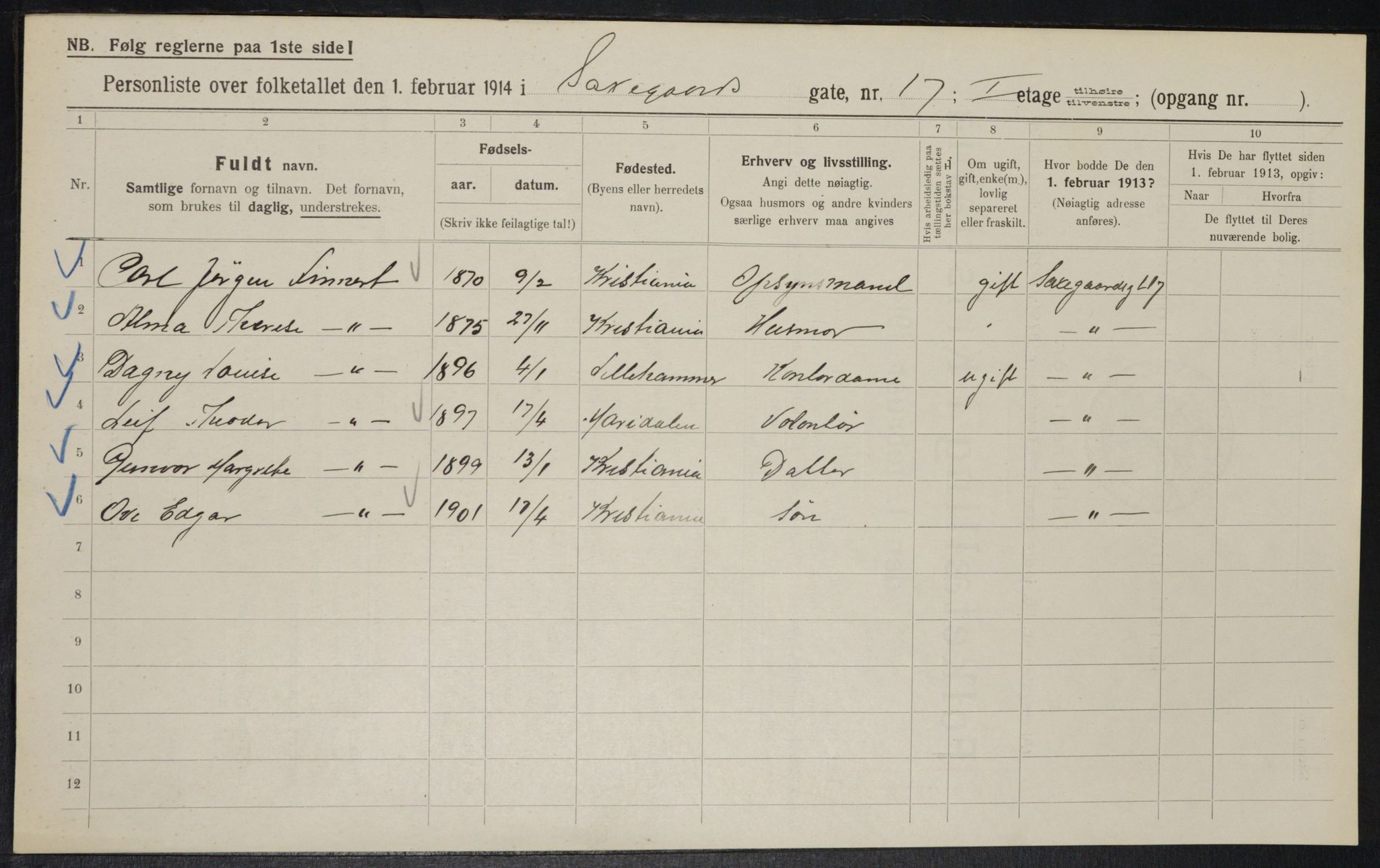 OBA, Municipal Census 1914 for Kristiania, 1914, p. 89186