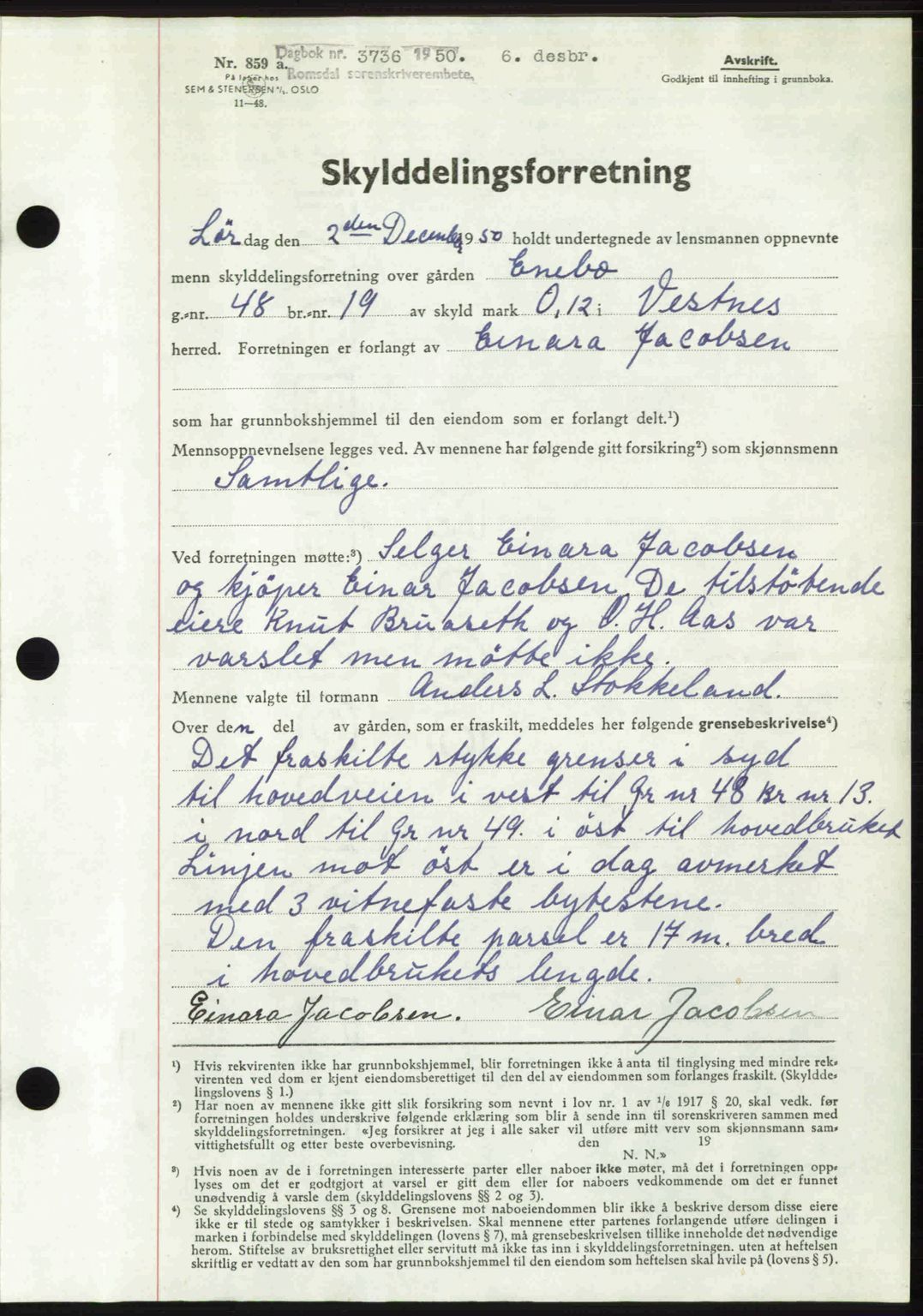 Romsdal sorenskriveri, AV/SAT-A-4149/1/2/2C: Mortgage book no. A34, 1950-1950, Diary no: : 3736/1950