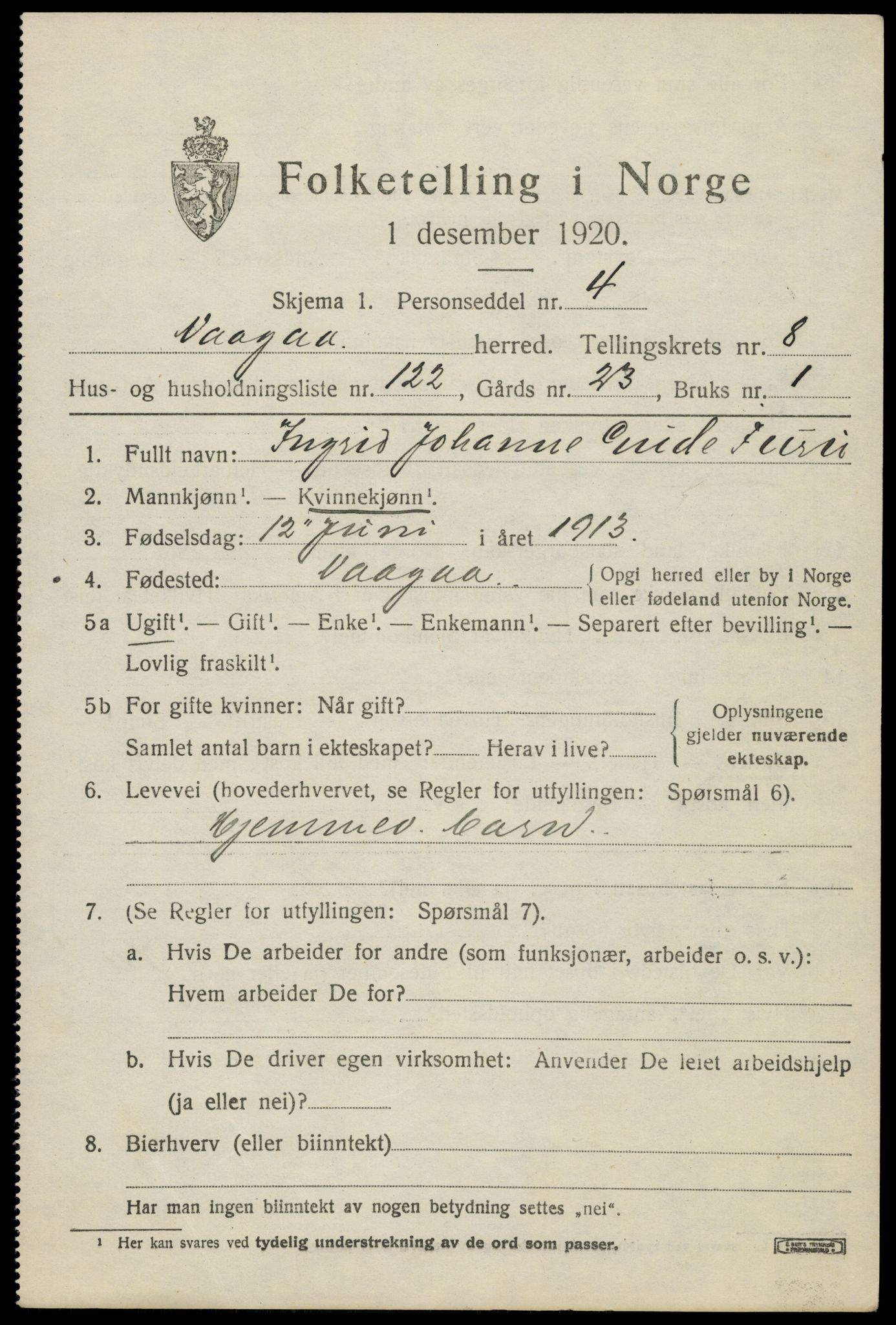 SAH, 1920 census for Vågå, 1920, p. 7330