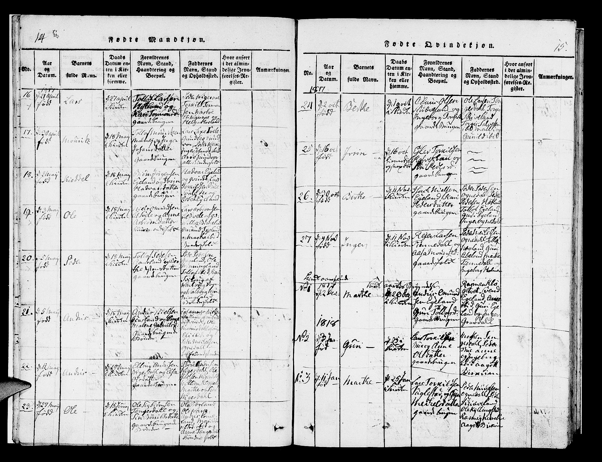 Helleland sokneprestkontor, AV/SAST-A-101810: Parish register (official) no. A 5, 1815-1834, p. 14-15