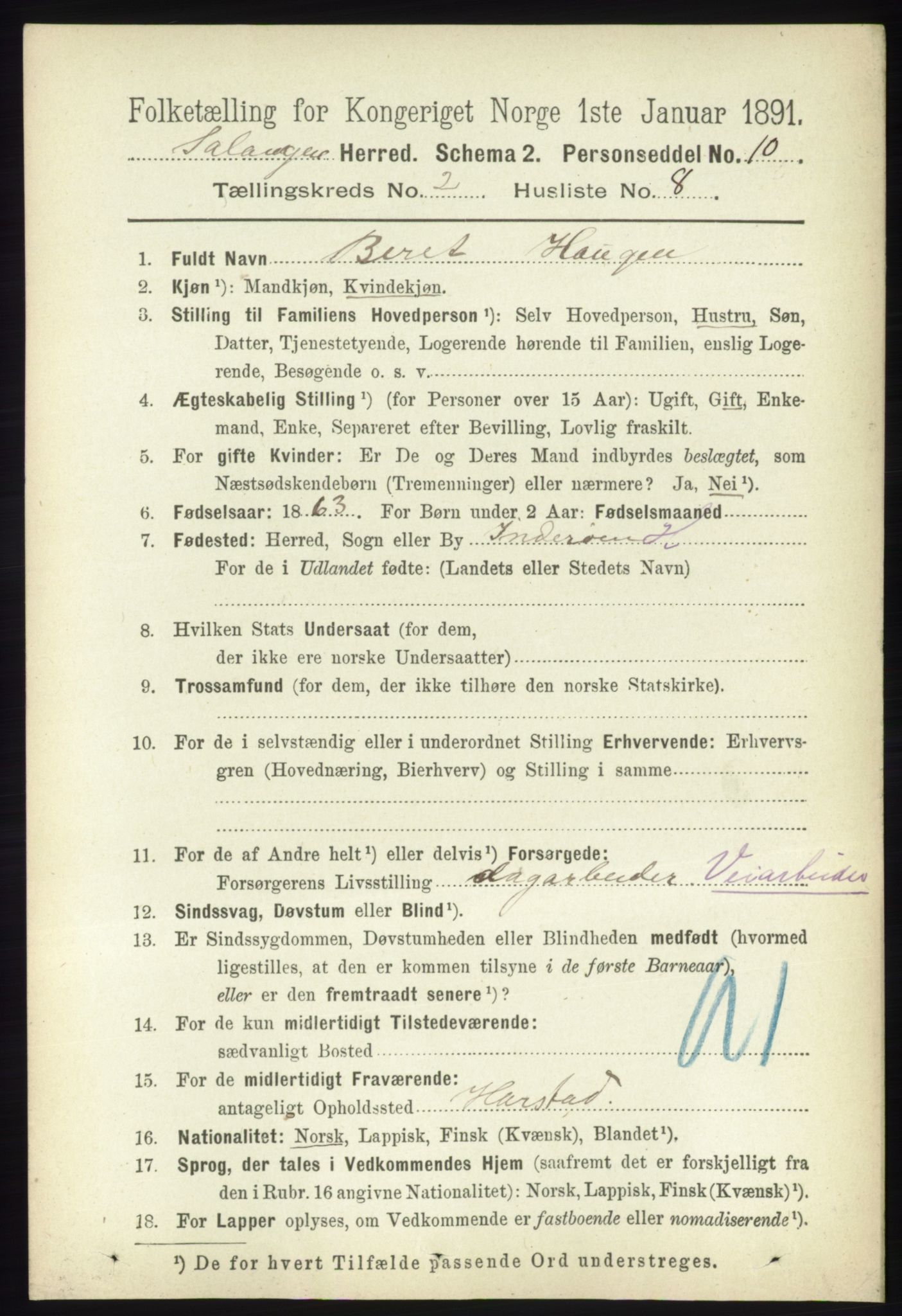 RA, 1891 census for 1921 Salangen, 1891, p. 623