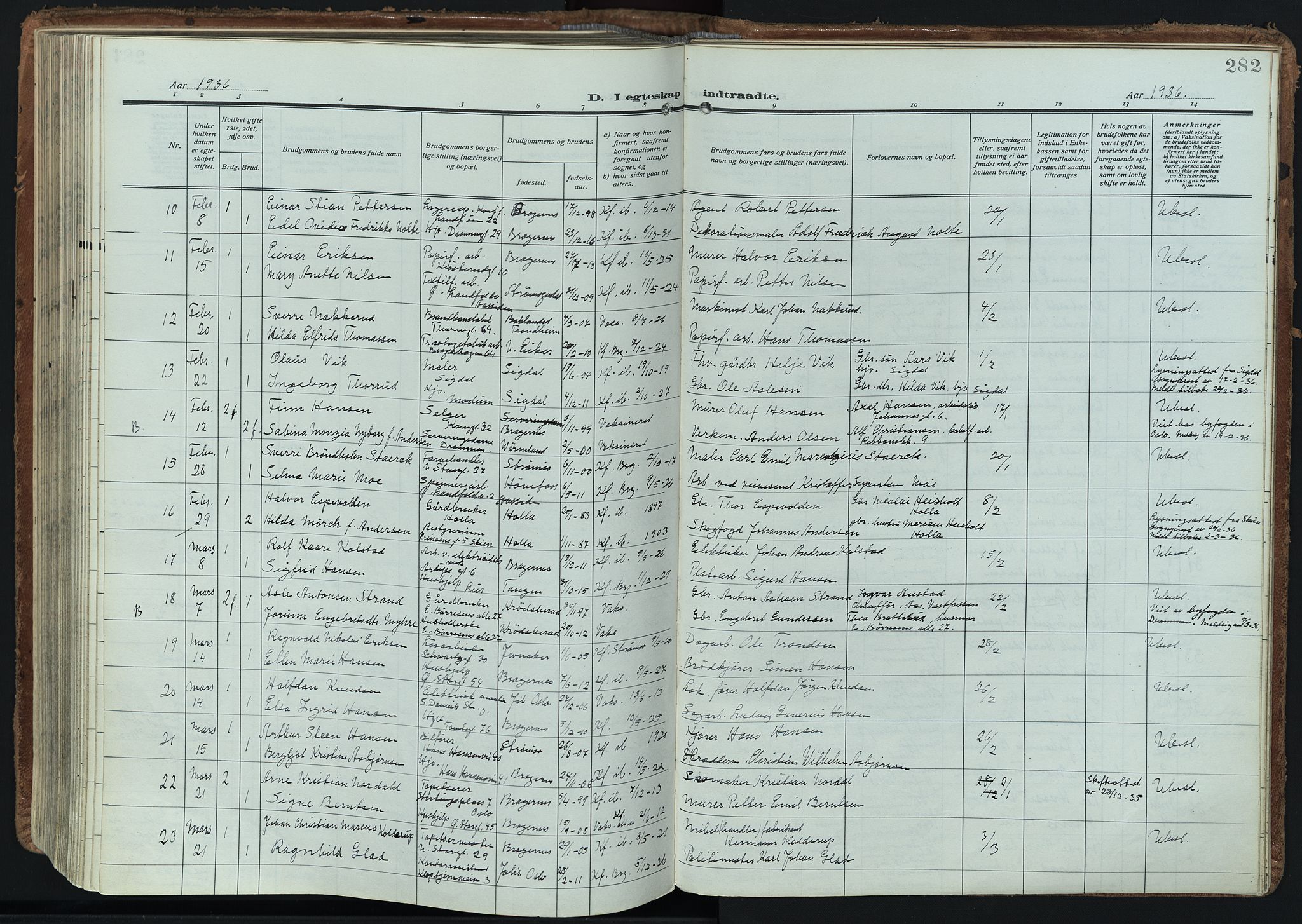 Bragernes kirkebøker, AV/SAKO-A-6/F/Fc/L0009: Parish register (official) no. III 9, 1921-1939, p. 282