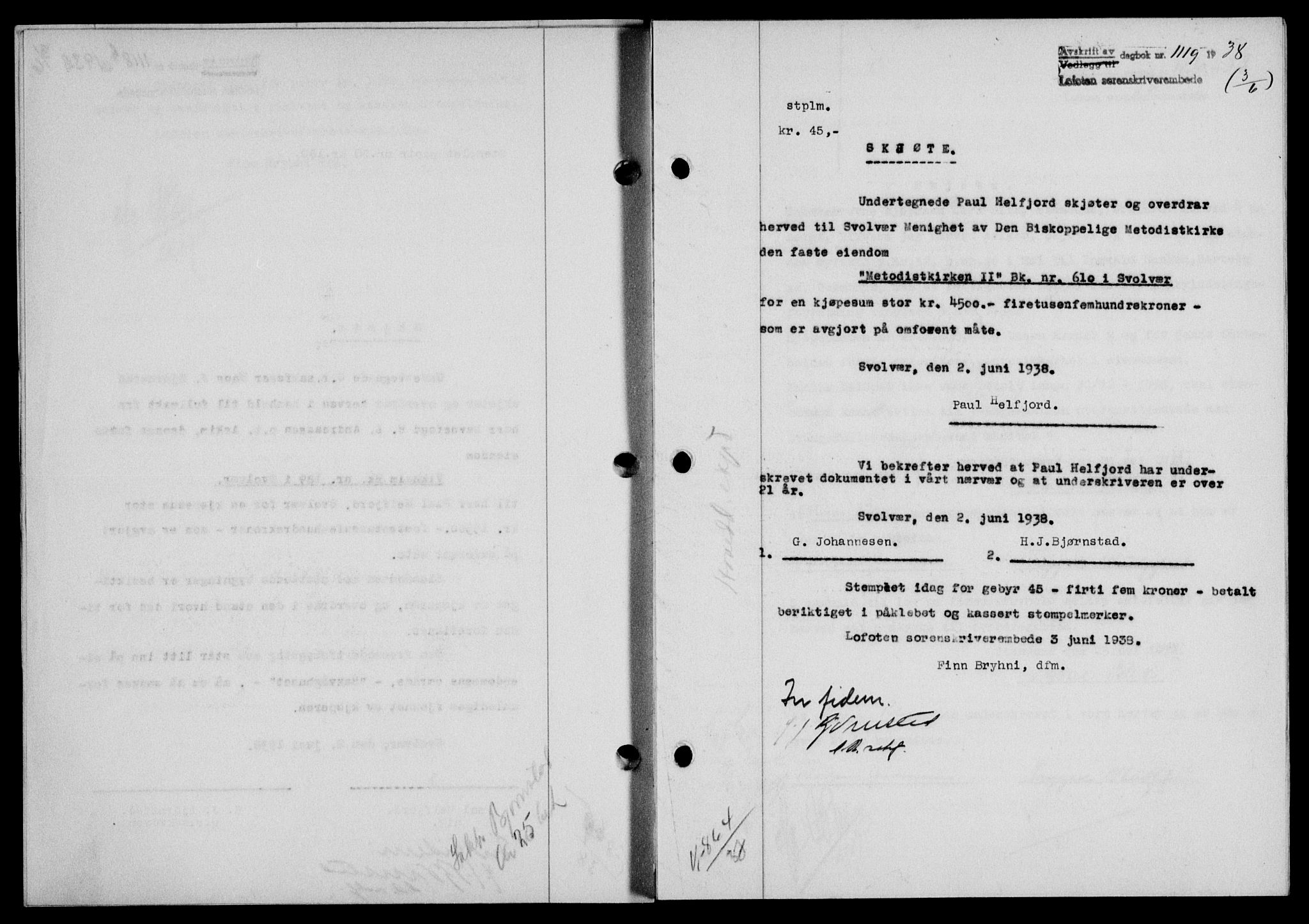 Lofoten sorenskriveri, SAT/A-0017/1/2/2C/L0004a: Mortgage book no. 4a, 1938-1938, Diary no: : 1119/1938