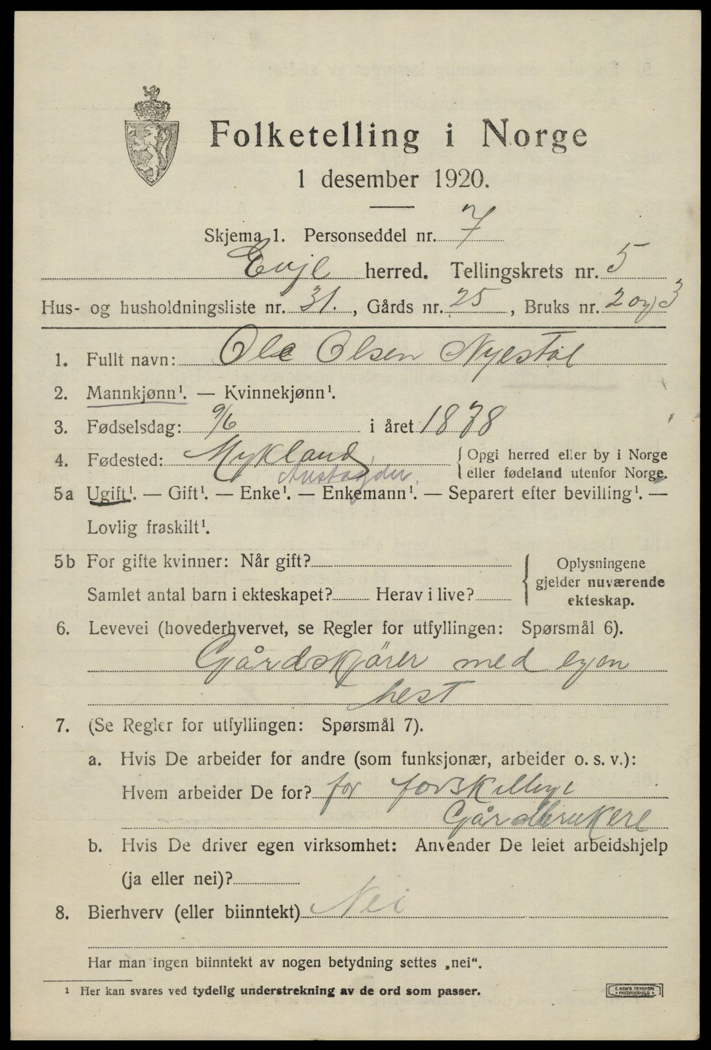 SAK, 1920 census for Evje, 1920, p. 1952