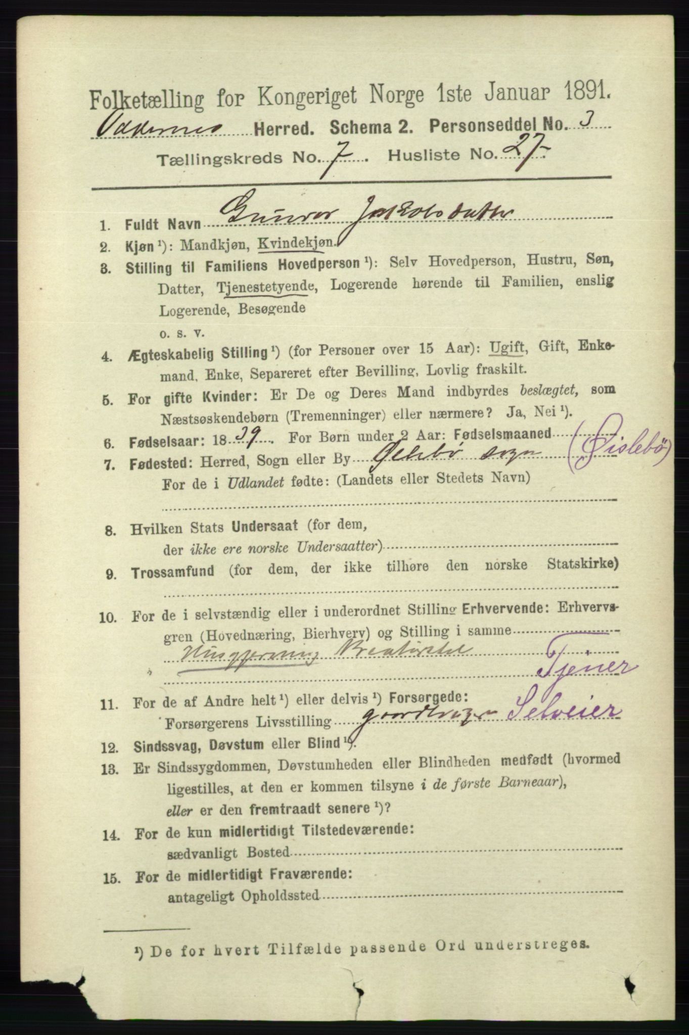 RA, 1891 census for 1012 Oddernes, 1891, p. 2628