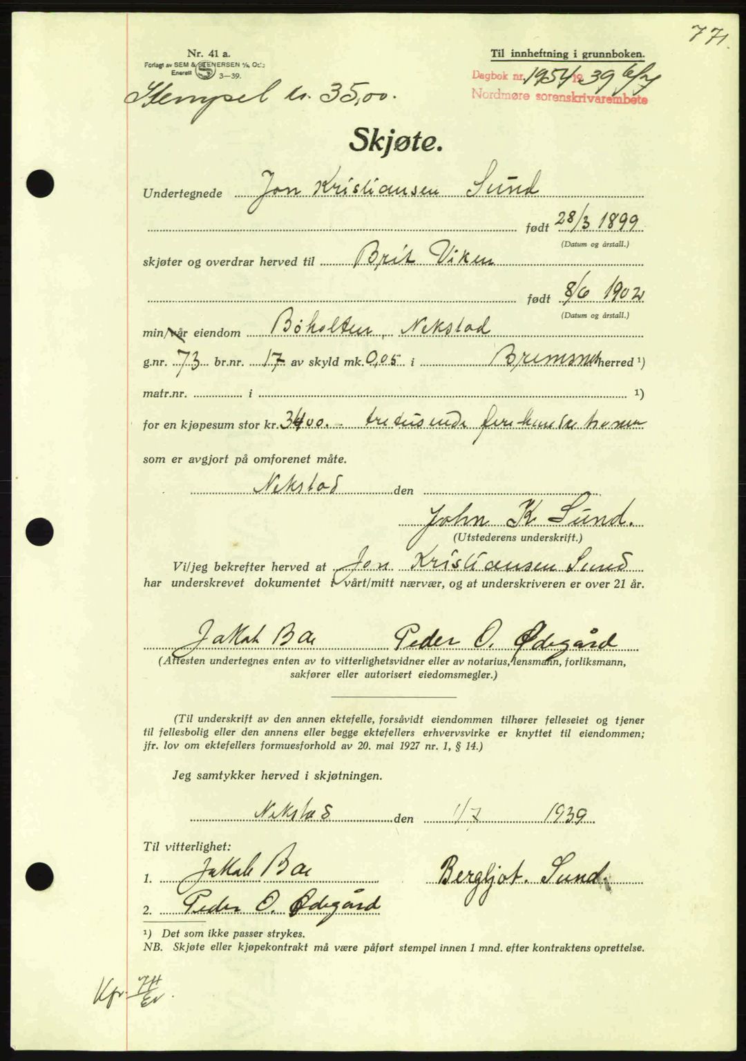 Nordmøre sorenskriveri, AV/SAT-A-4132/1/2/2Ca: Mortgage book no. A86, 1939-1939, Diary no: : 1954/1939