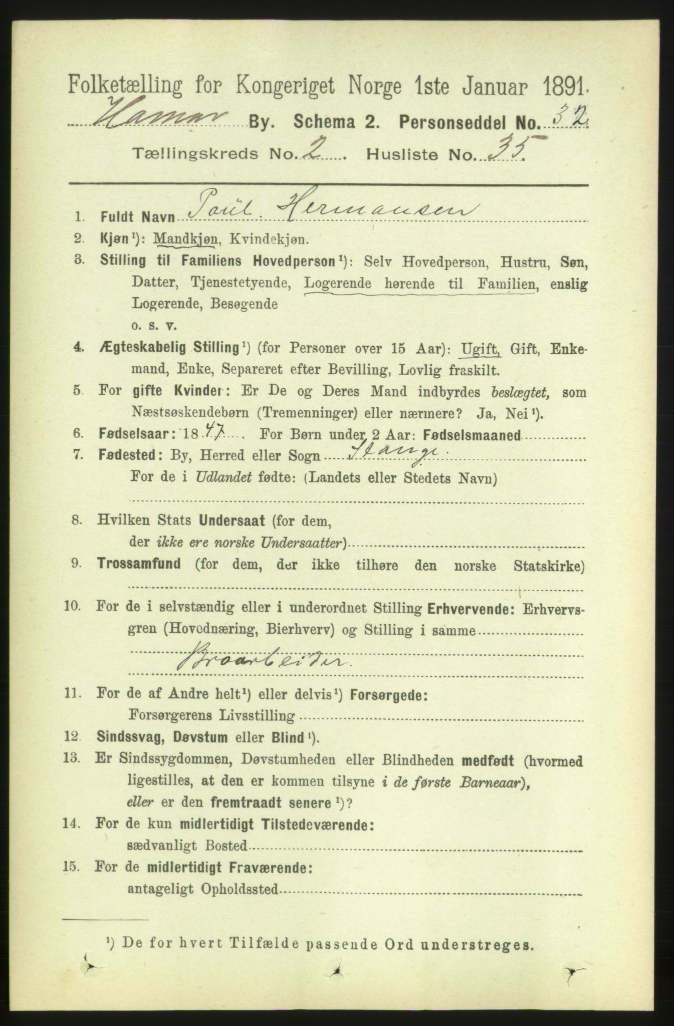 RA, 1891 census for 0401 Hamar, 1891, p. 1497