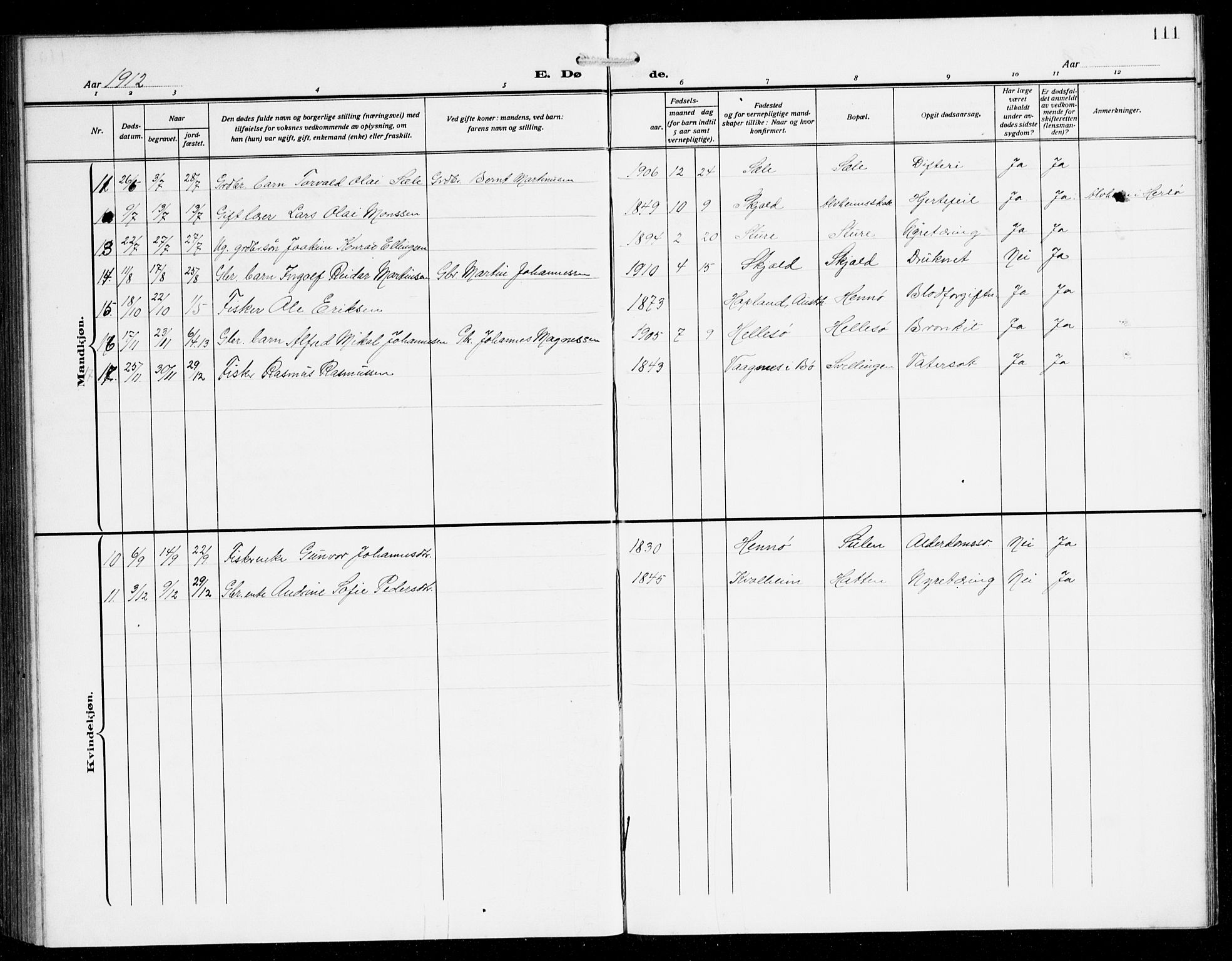 Herdla Sokneprestembete, AV/SAB-A-75701/H/Hab: Parish register (copy) no. B 1, 1909-1929, p. 111