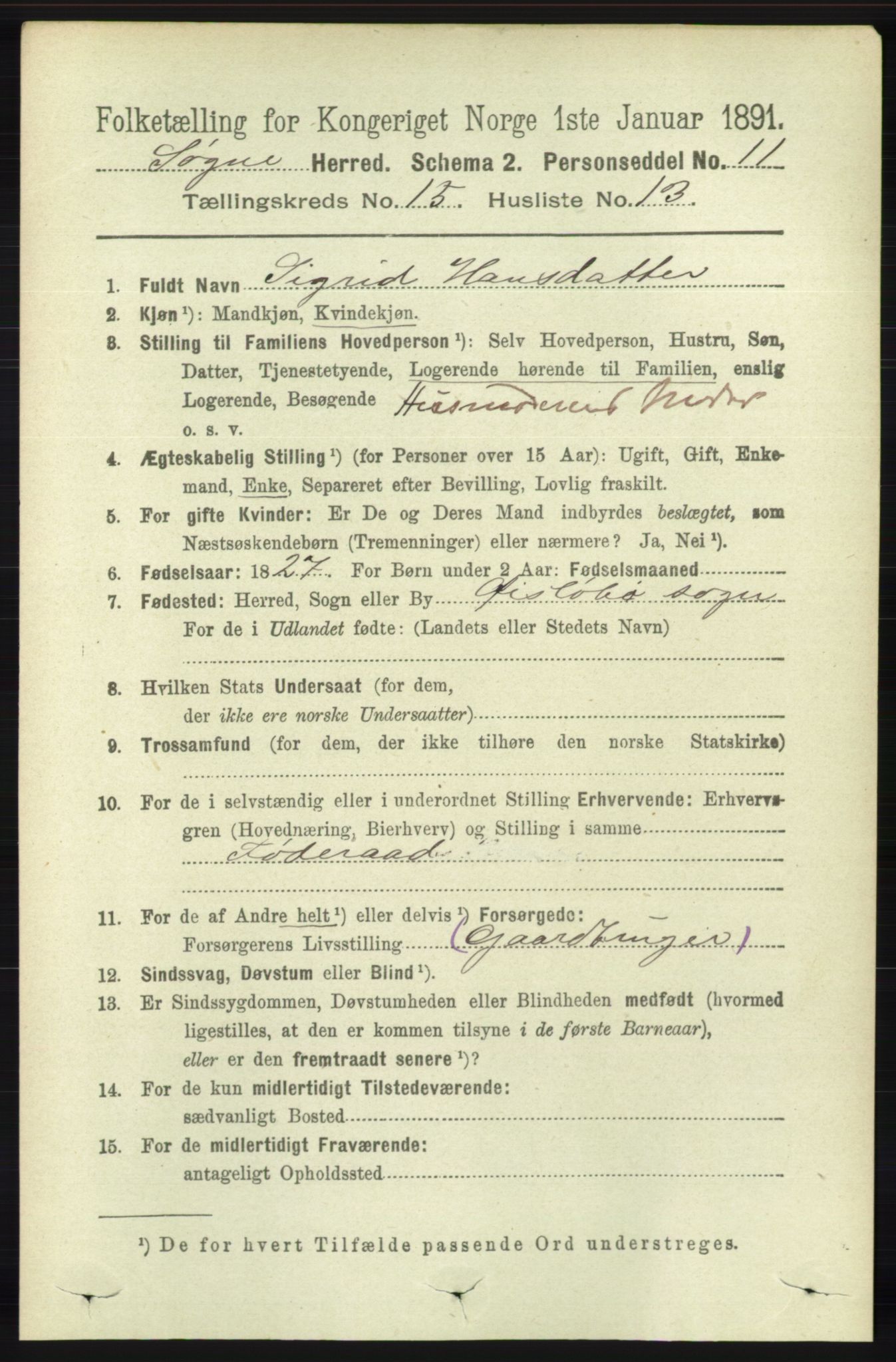 RA, 1891 census for 1018 Søgne, 1891, p. 3961