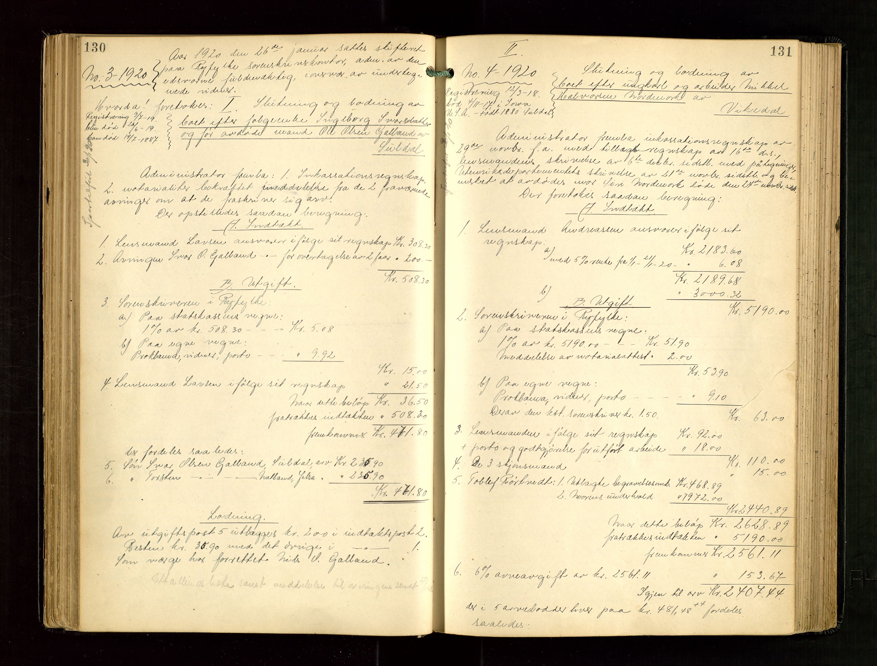 Ryfylke tingrett, SAST/A-100055/001/IV/IVG/L0005: Skifteudlodningsprotokoll Med register, 1918-1924, p. 130-131