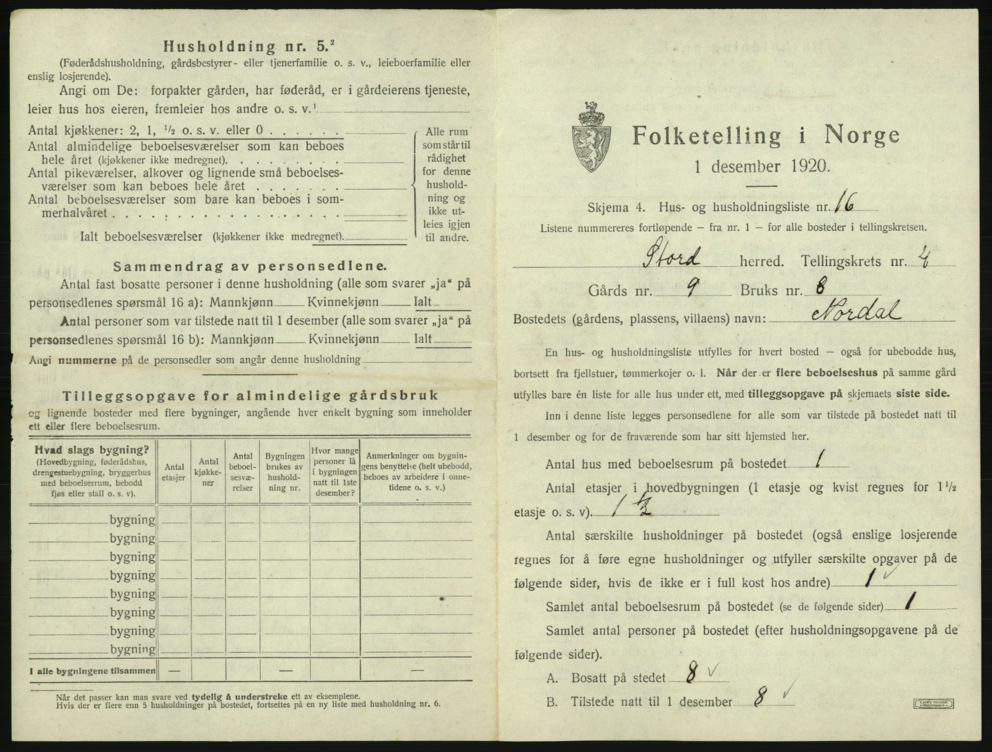 SAB, 1920 census for Stord, 1920, p. 174