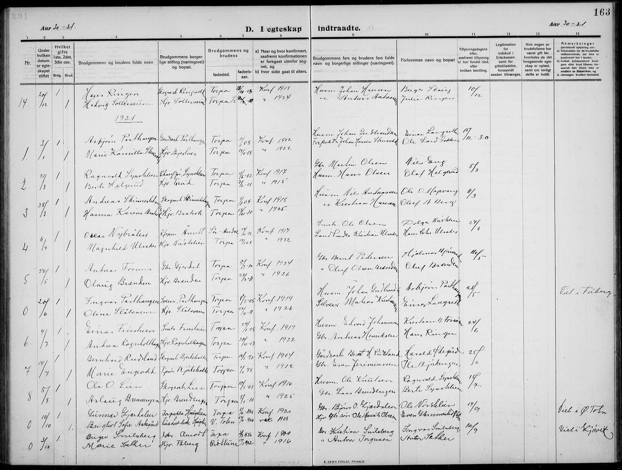 Nordre Land prestekontor, SAH/PREST-124/H/Ha/Hab/L0002: Parish register (copy) no. 2, 1909-1934, p. 163