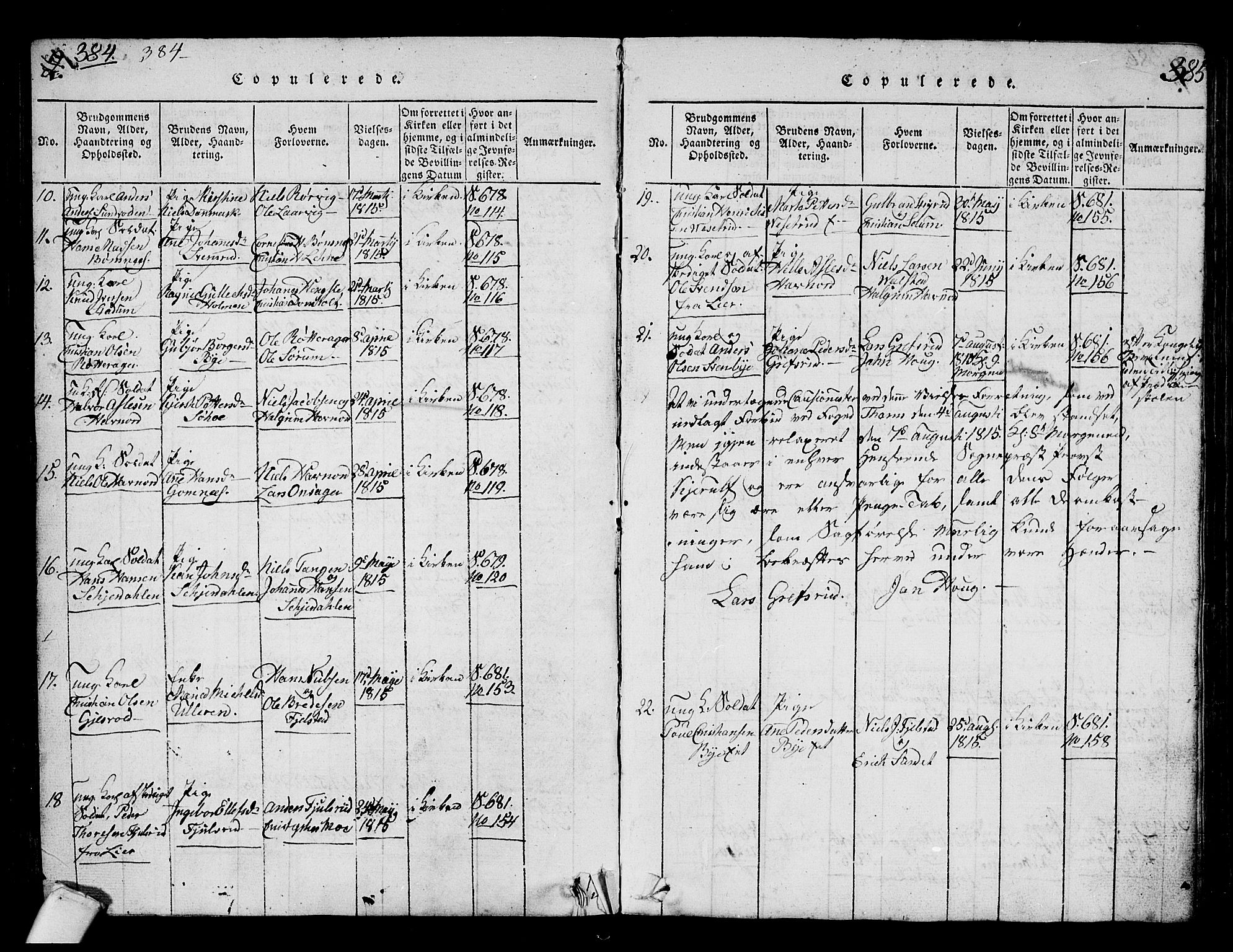 Hole kirkebøker, SAKO/A-228/G/Ga/L0001: Parish register (copy) no. I 1, 1814-1842, p. 384-385