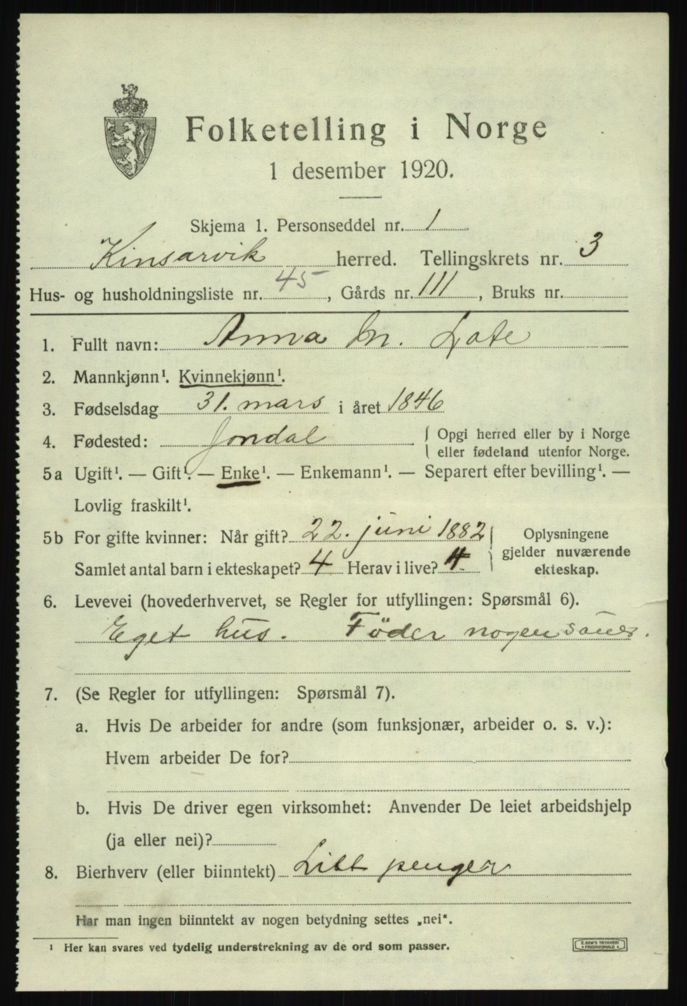 SAB, 1920 census for Kinsarvik, 1920, p. 2382