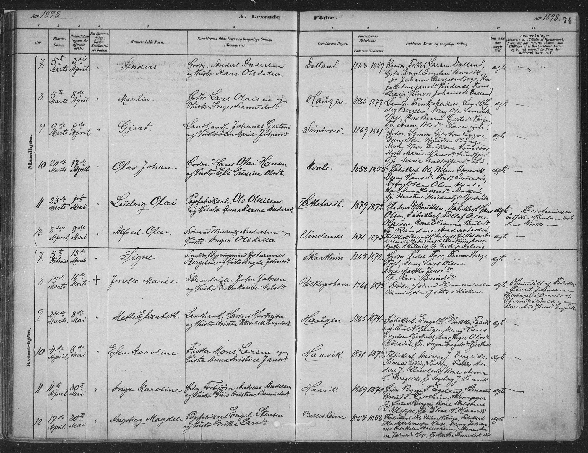 Fusa sokneprestembete, SAB/A-75401/H/Haa: Parish register (official) no. D 1, 1880-1938, p. 74