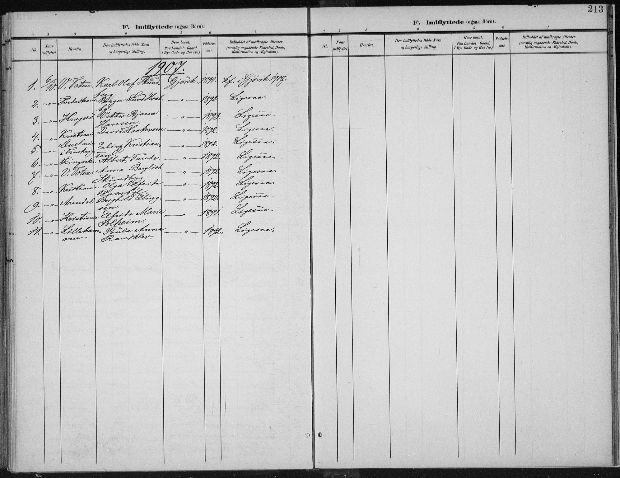 Vardal prestekontor, SAH/PREST-100/H/Ha/Haa/L0013: Parish register (official) no. 13, 1901-1911, p. 213