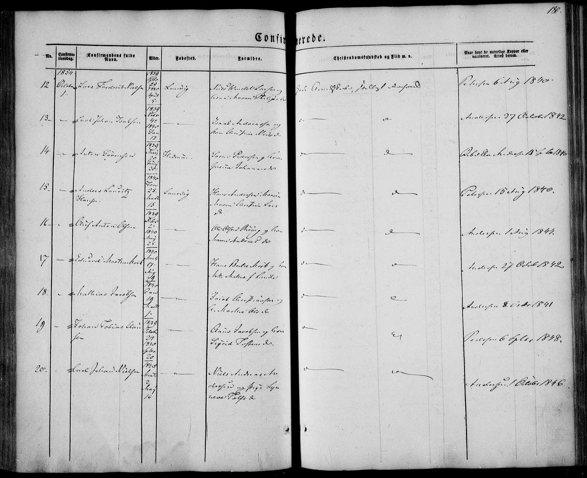 Larvik kirkebøker, AV/SAKO-A-352/F/Fa/L0003: Parish register (official) no. I 3, 1848-1856, p. 180