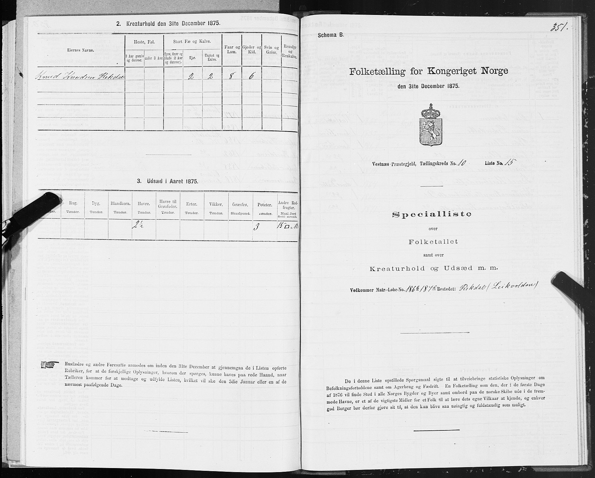 SAT, 1875 census for 1535P Vestnes, 1875, p. 3351