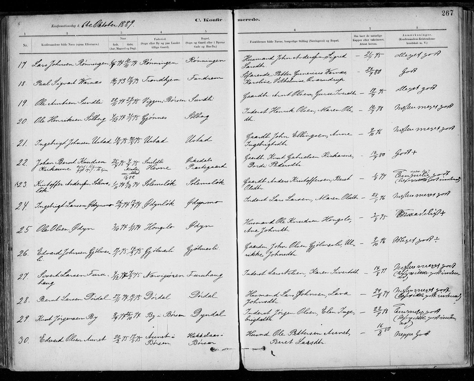 Ministerialprotokoller, klokkerbøker og fødselsregistre - Sør-Trøndelag, AV/SAT-A-1456/668/L0809: Parish register (official) no. 668A09, 1881-1895, p. 267