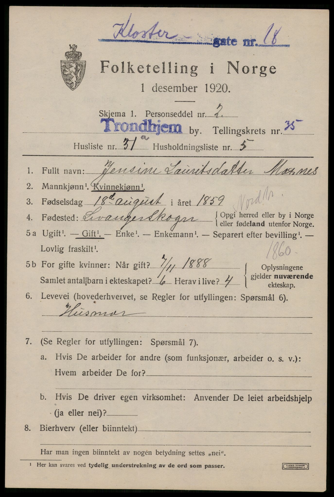SAT, 1920 census for Trondheim, 1920, p. 79966
