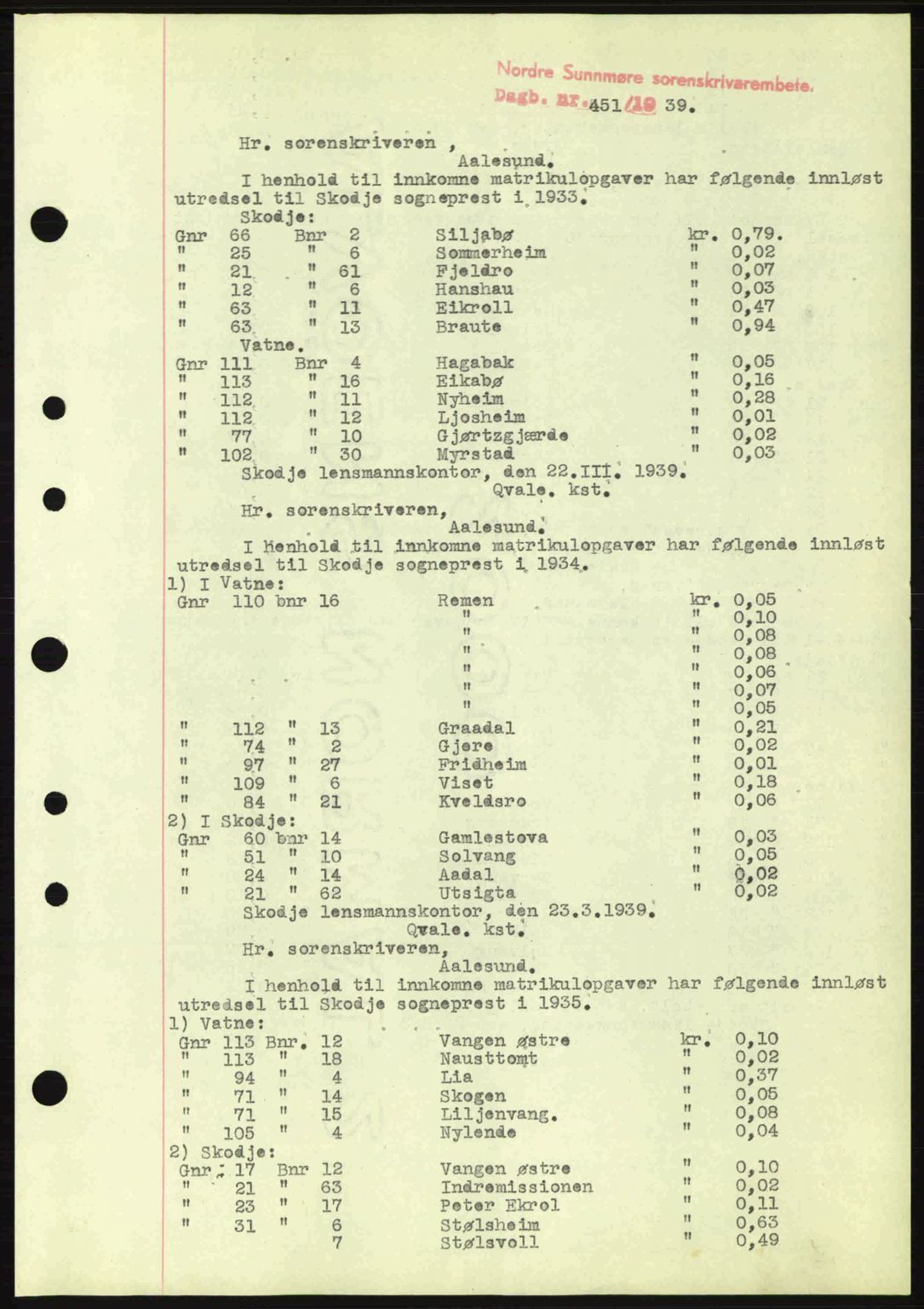 Nordre Sunnmøre sorenskriveri, SAT/A-0006/1/2/2C/2Ca: Mortgage book no. B1-6, 1938-1942, Diary no: : 451/1939