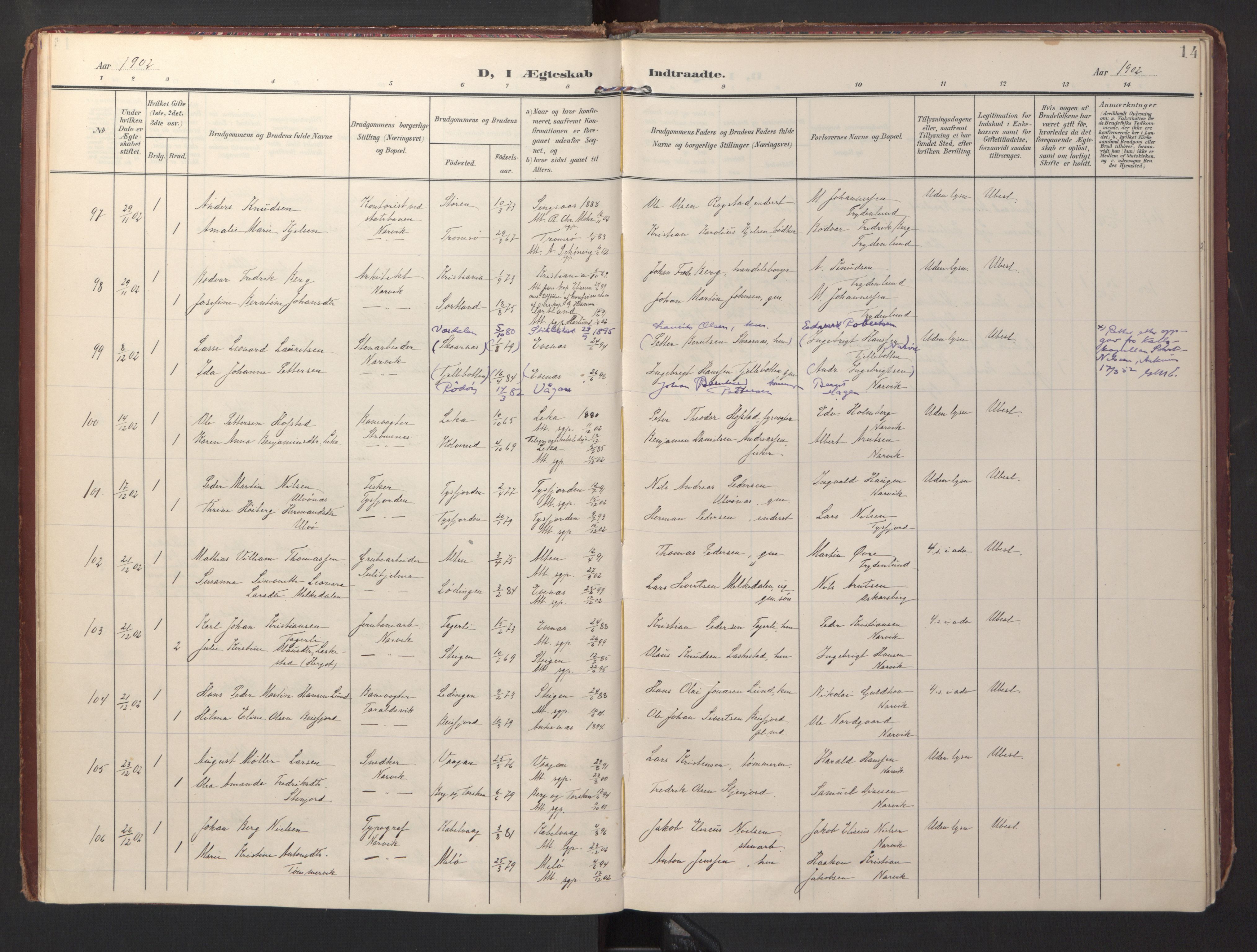 Ministerialprotokoller, klokkerbøker og fødselsregistre - Nordland, AV/SAT-A-1459/871/L0999: Parish register (official) no. 871A15, 1902-1917, p. 14