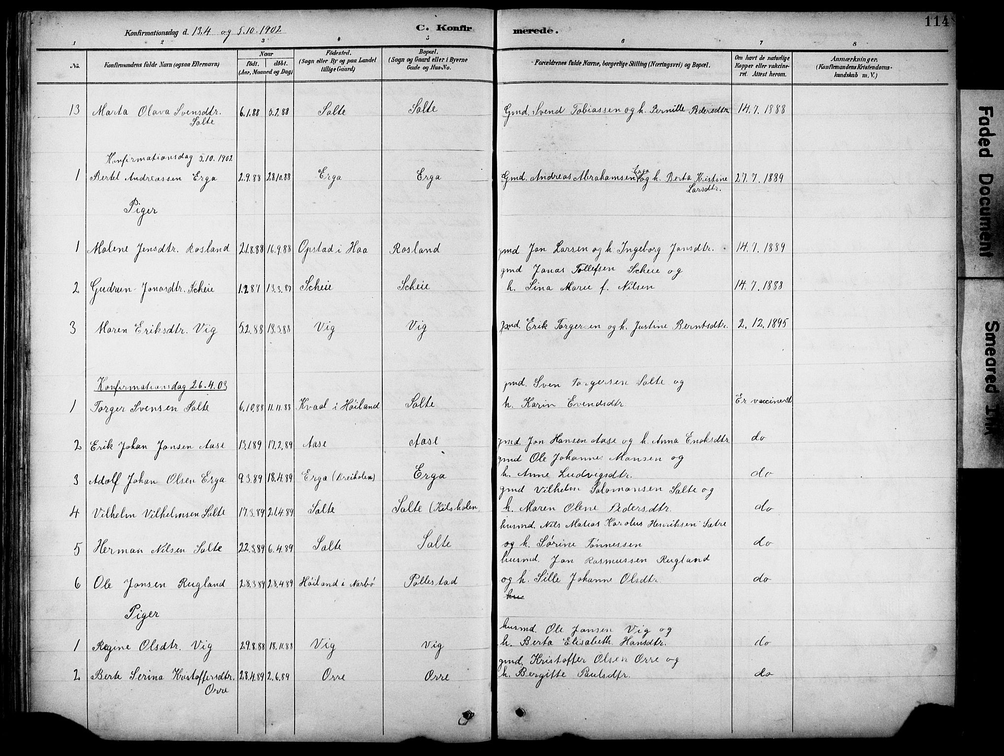 Klepp sokneprestkontor, SAST/A-101803/001/3/30BB/L0005: Parish register (copy) no. B 5, 1889-1918, p. 114