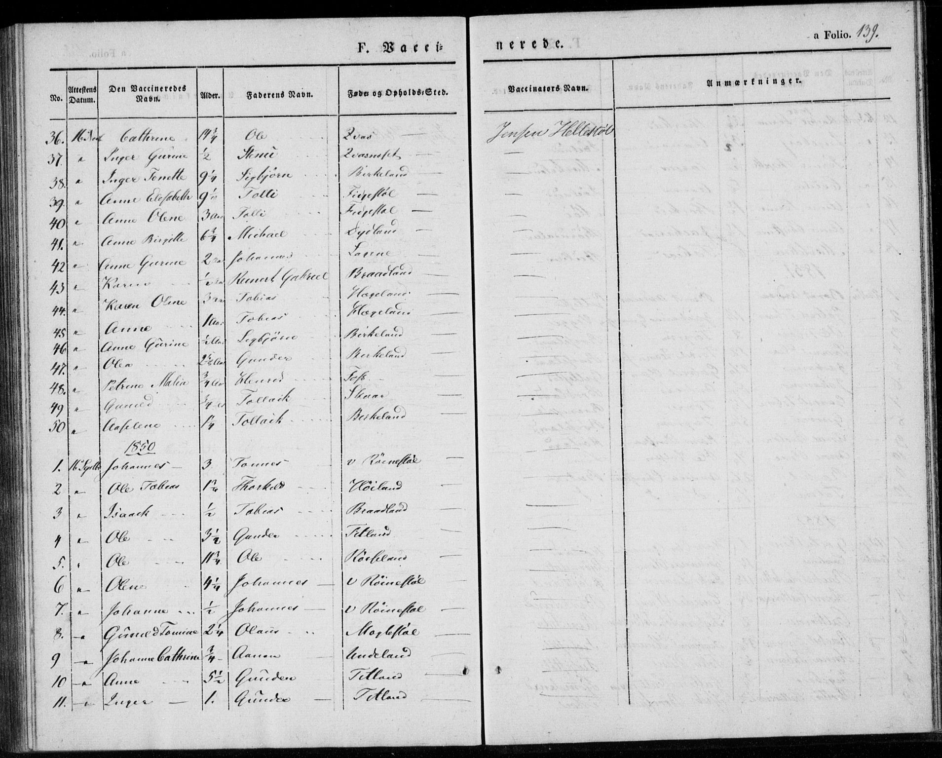 Lyngdal sokneprestkontor, AV/SAK-1111-0029/F/Fa/Fab/L0001: Parish register (official) no. A 1, 1838-1860, p. 139