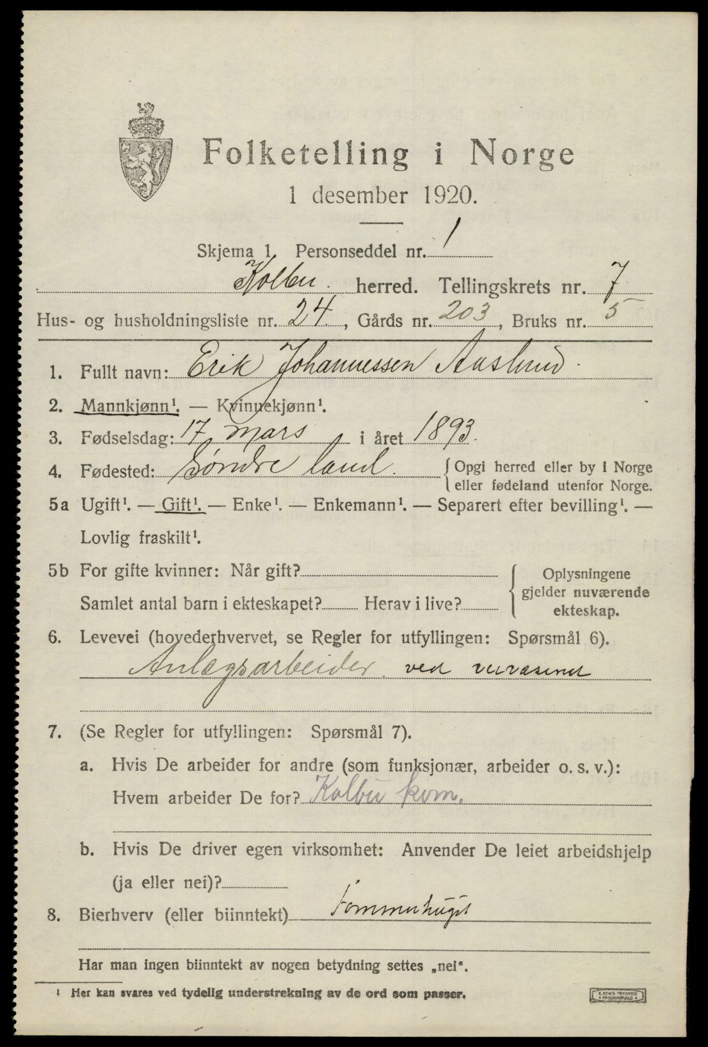 SAH, 1920 census for Kolbu, 1920, p. 5316