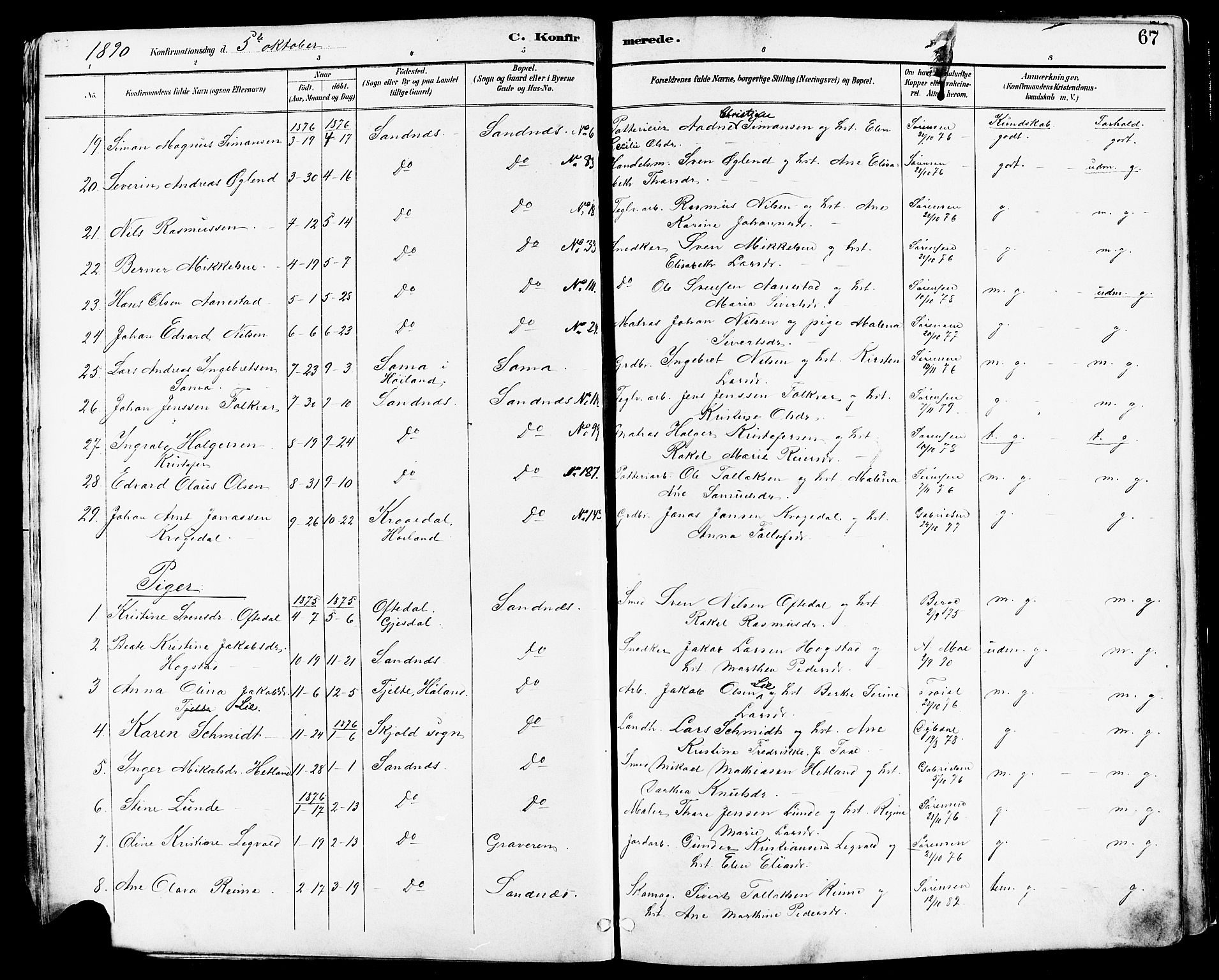 Høyland sokneprestkontor, SAST/A-101799/001/30BA/L0014: Parish register (official) no. A 12, 1890-1898, p. 67