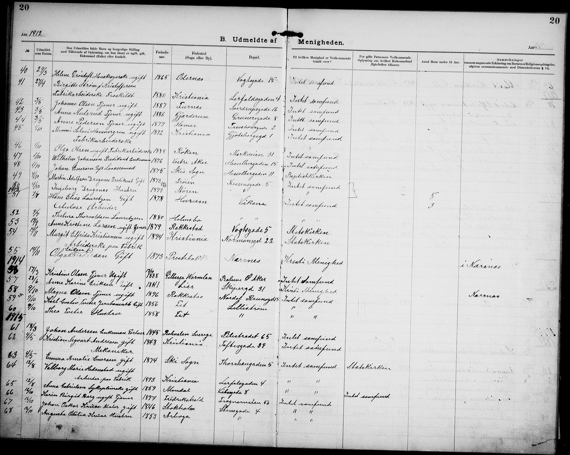 Kristi menighet Oslo , AV/SAO-PAO-0220/A/L0001: Dissenter register no. 1, 1903-1938, p. 20
