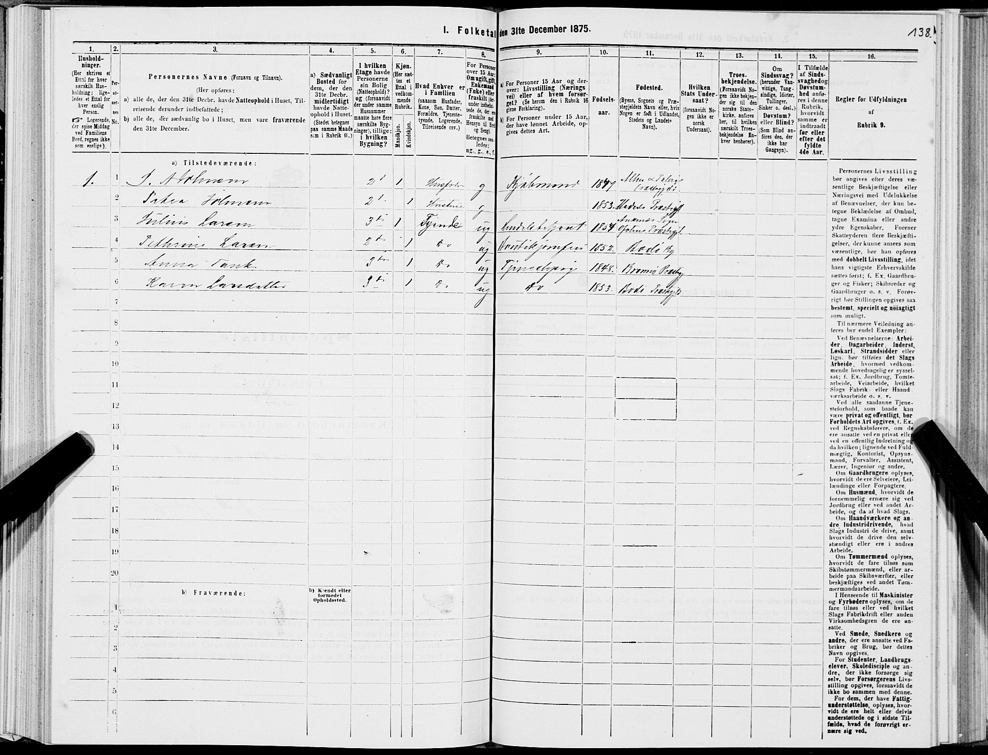 SAT, 1875 census for 1804B Bodø/Bodø, 1875, p. 138