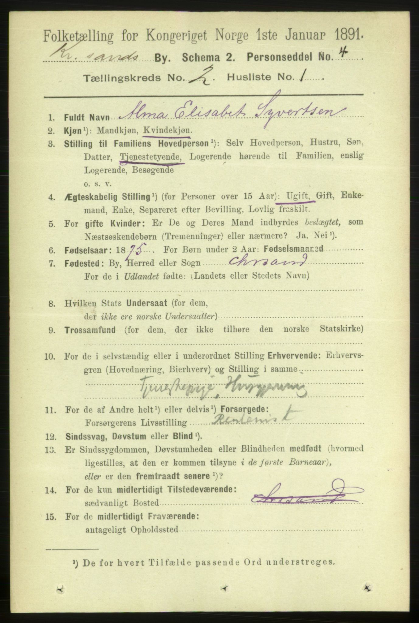 RA, 1891 census for 1001 Kristiansand, 1891, p. 3189