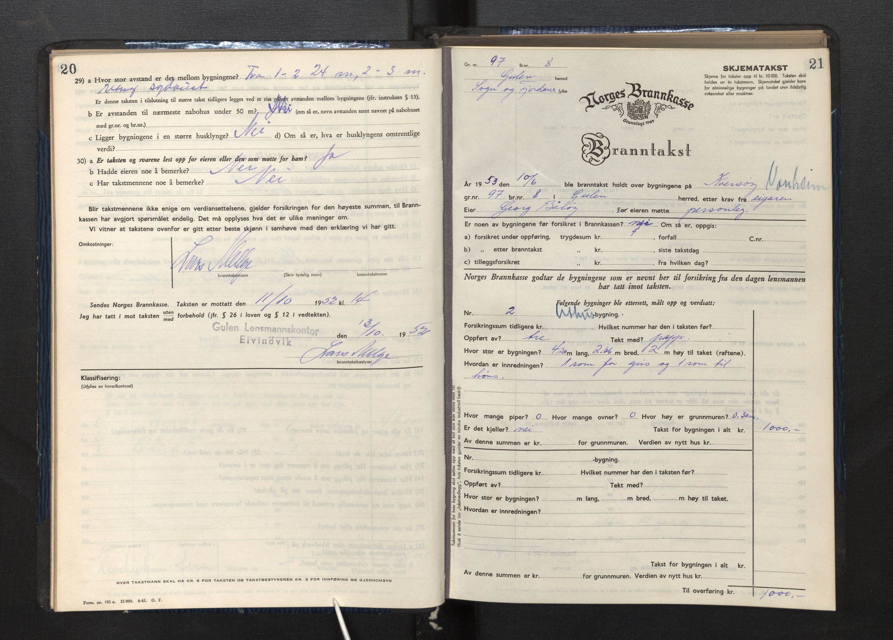 Lensmannen i Gulen, SAB/A-27901/0012/L0004: Branntakstprotokoll skjematakst, 1948-1954, p. 20-21