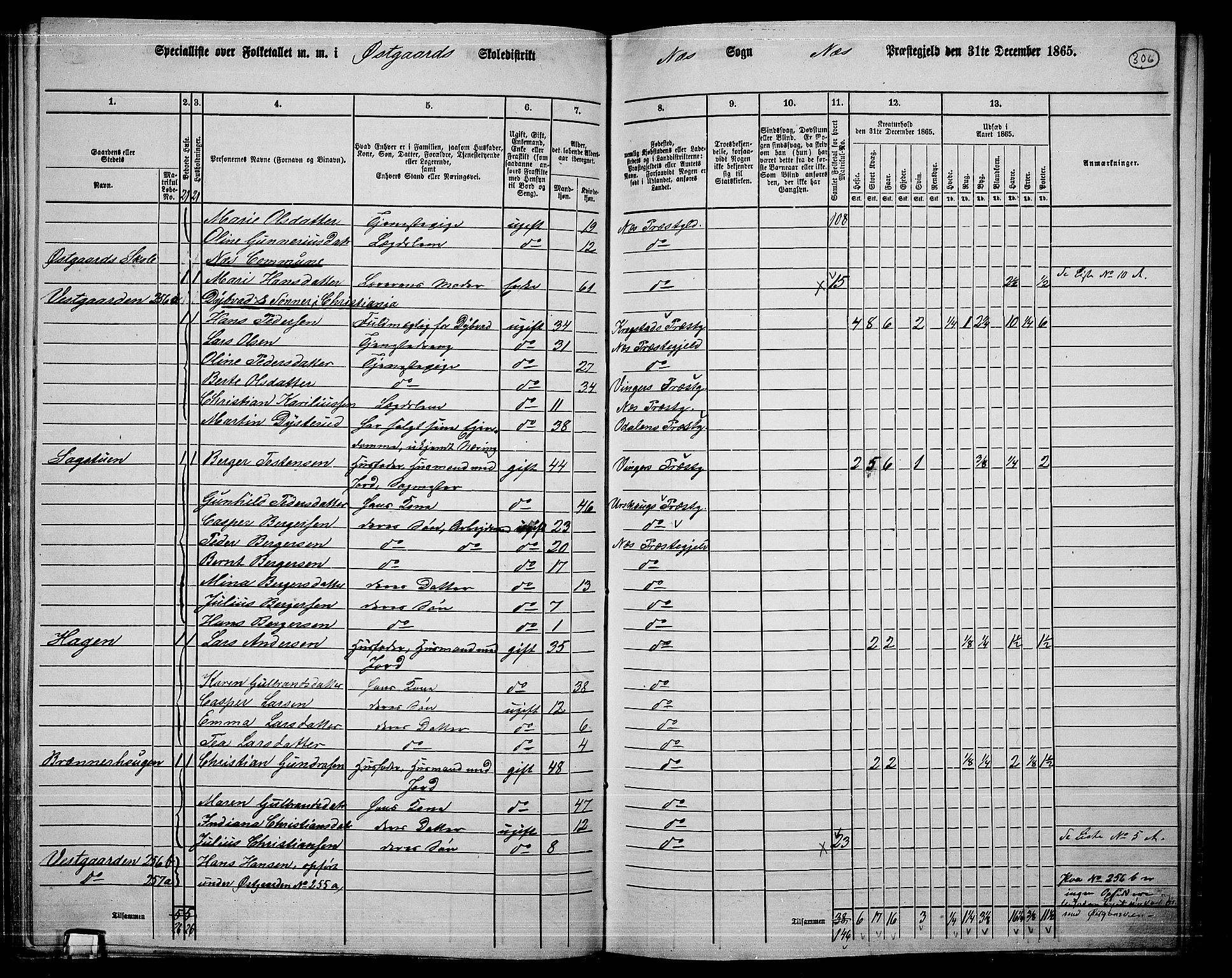 RA, 1865 census for Nes, 1865, p. 281