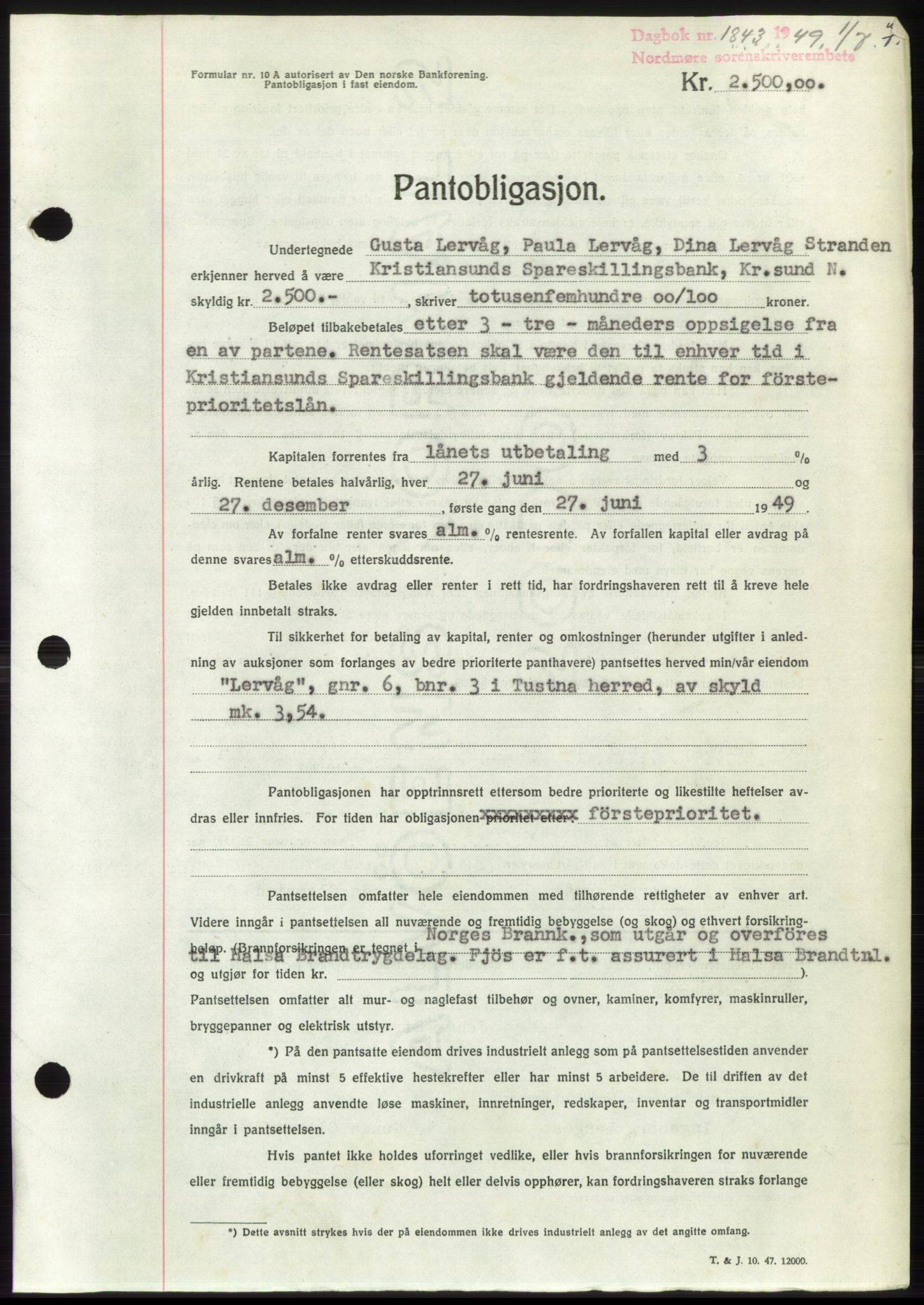 Nordmøre sorenskriveri, AV/SAT-A-4132/1/2/2Ca: Mortgage book no. B102, 1949-1949, Diary no: : 1843/1949