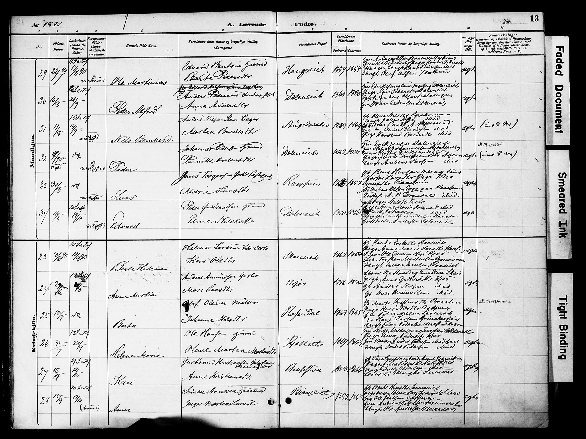 Gran prestekontor, AV/SAH-PREST-112/H/Ha/Haa/L0020: Parish register (official) no. 20, 1889-1899, p. 13