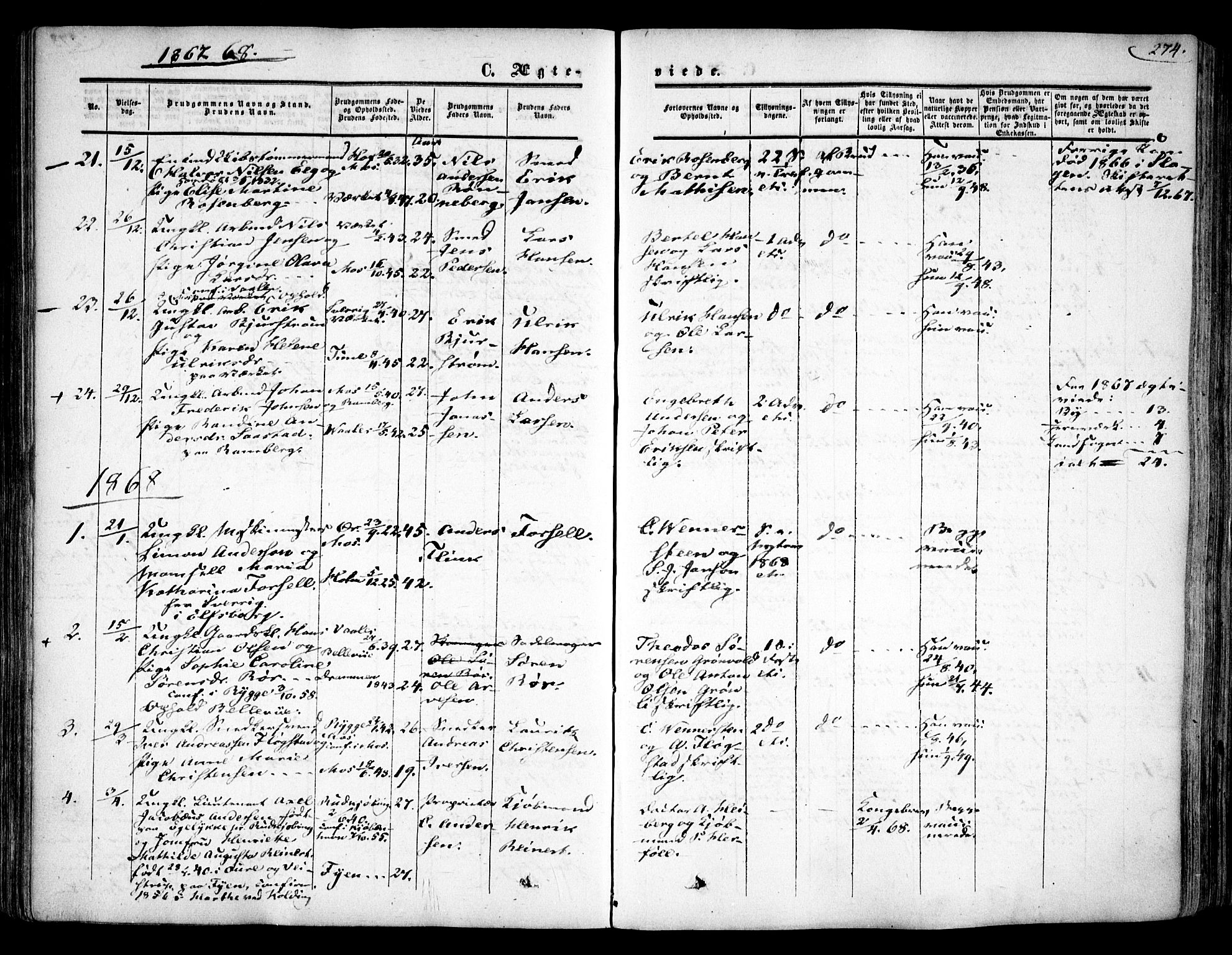 Moss prestekontor Kirkebøker, SAO/A-2003/F/Fa/L0008: Parish register (official) no. I 8, 1852-1869, p. 274