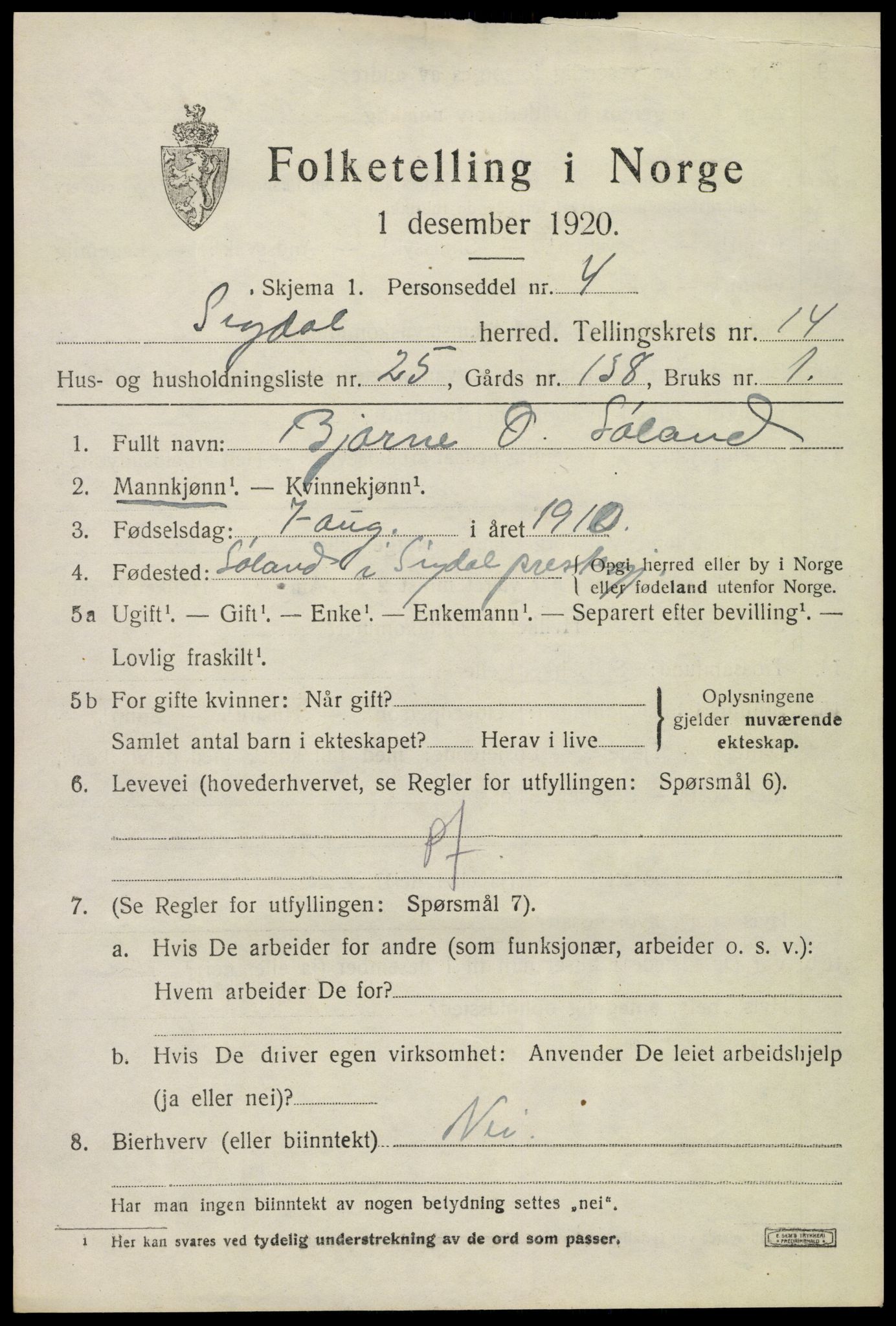 SAKO, 1920 census for Sigdal, 1920, p. 8878