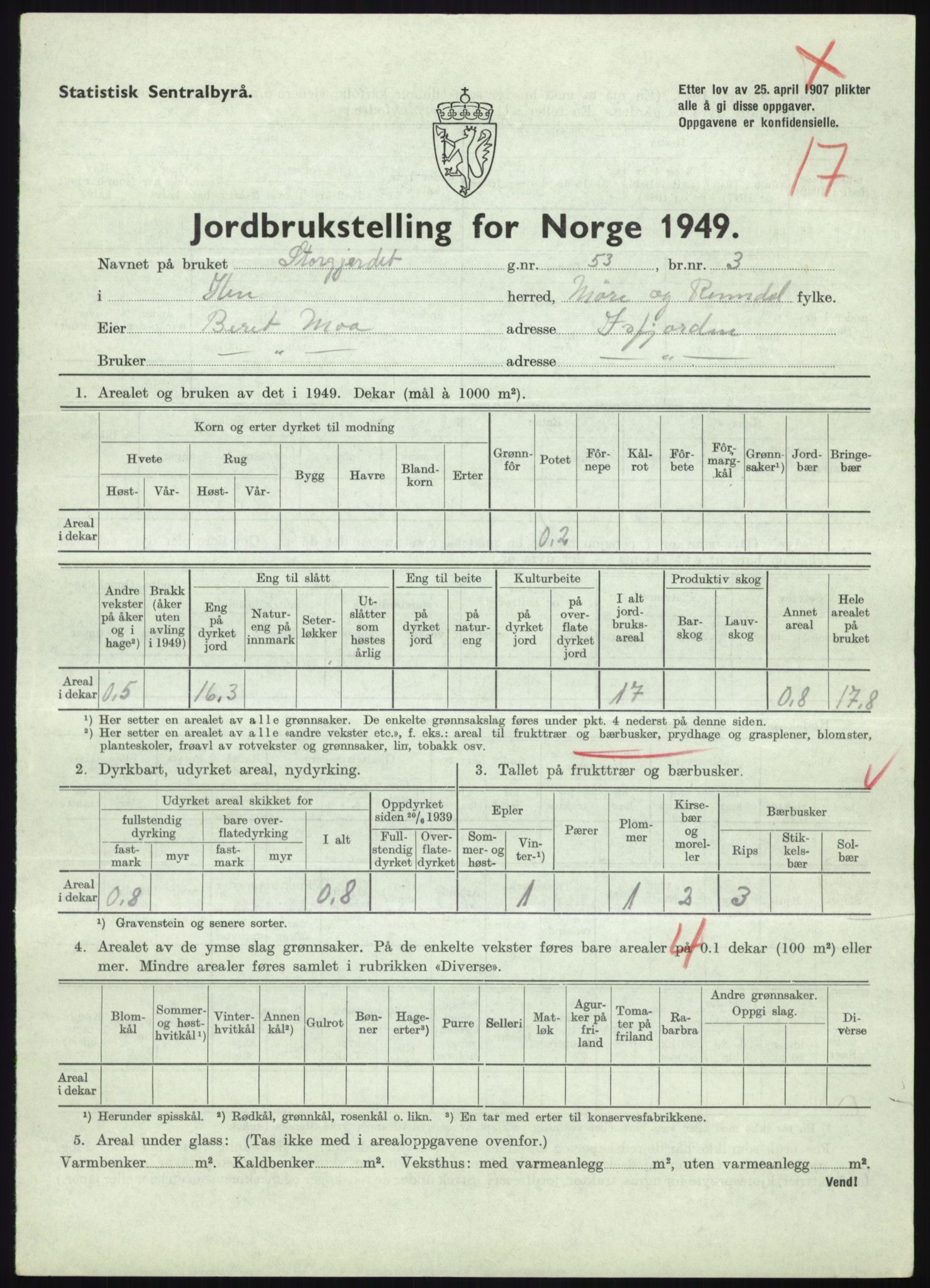 Statistisk sentralbyrå, Næringsøkonomiske emner, Jordbruk, skogbruk, jakt, fiske og fangst, AV/RA-S-2234/G/Gc/L0323: Møre og Romsdal: Grytten og Hen, 1949, p. 579