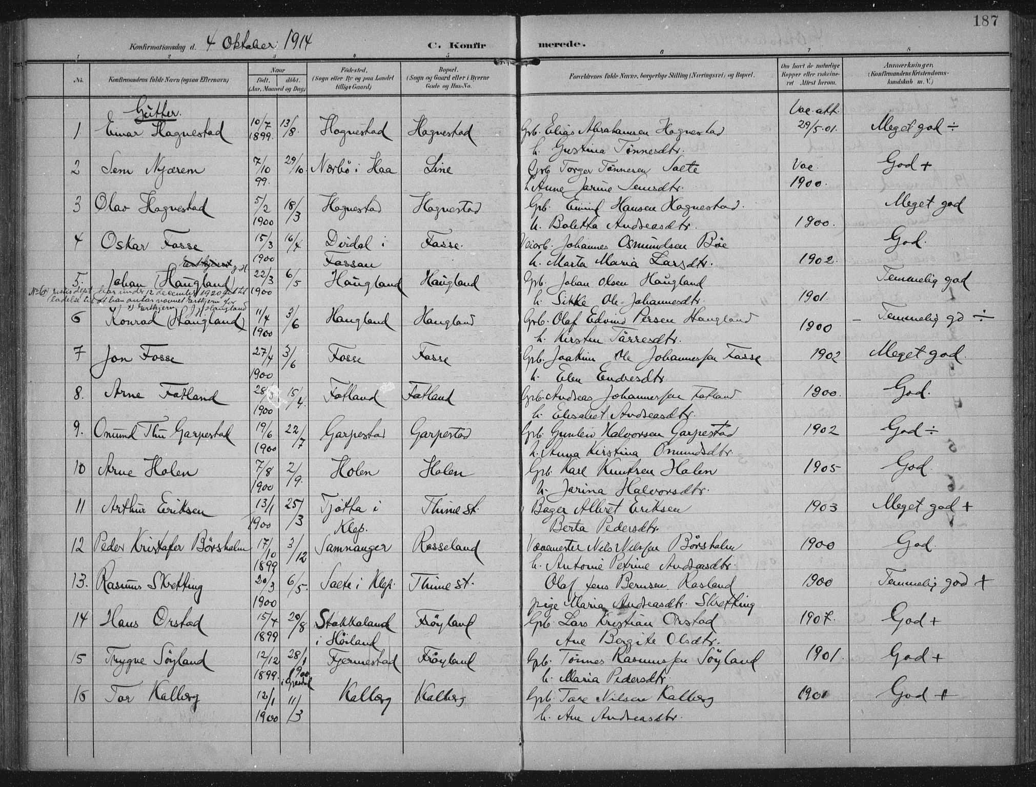 Lye sokneprestkontor, SAST/A-101794/002/A/L0001: Parish register (official) no. A 12, 1904-1920, p. 187