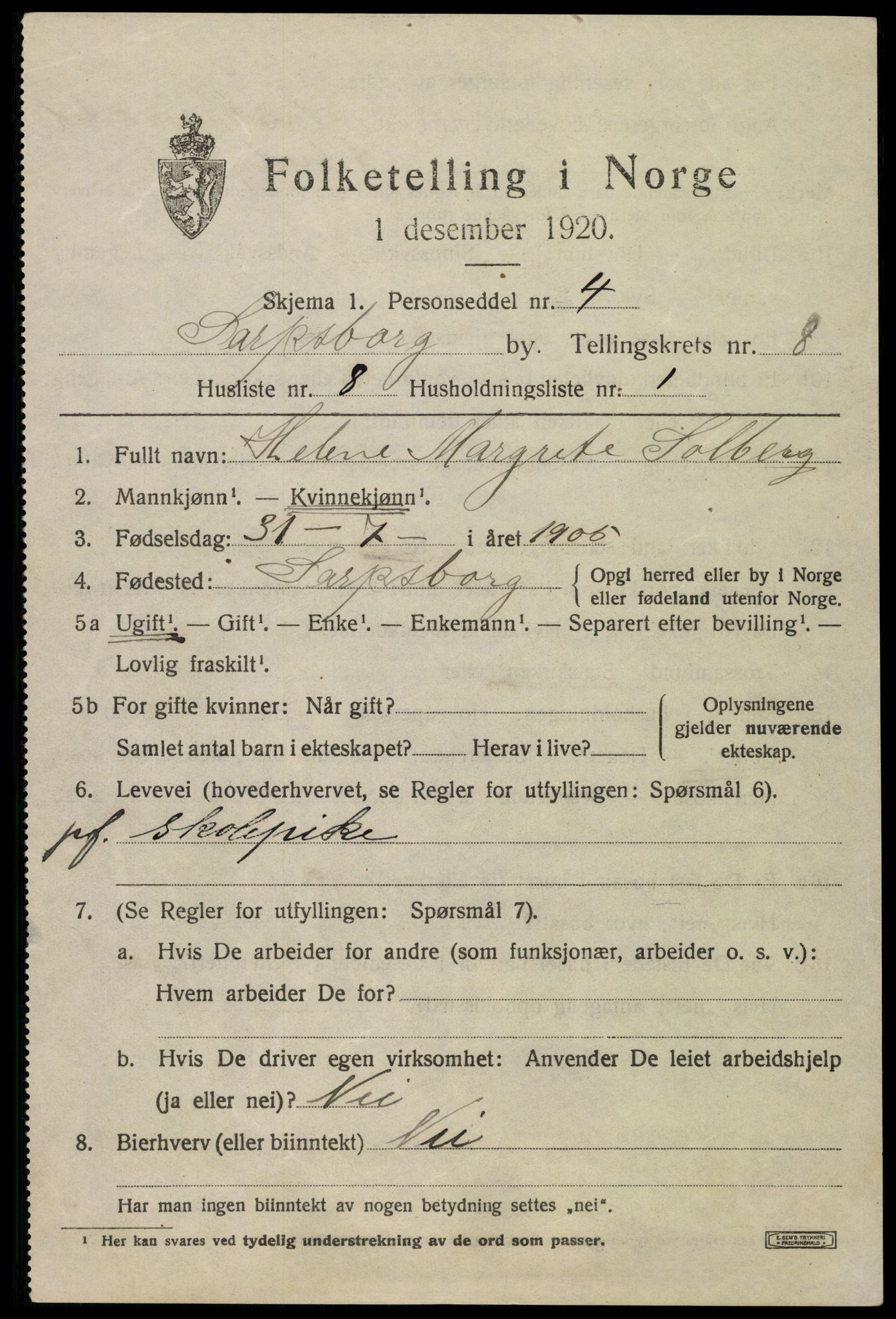 SAO, 1920 census for Sarpsborg, 1920, p. 17438