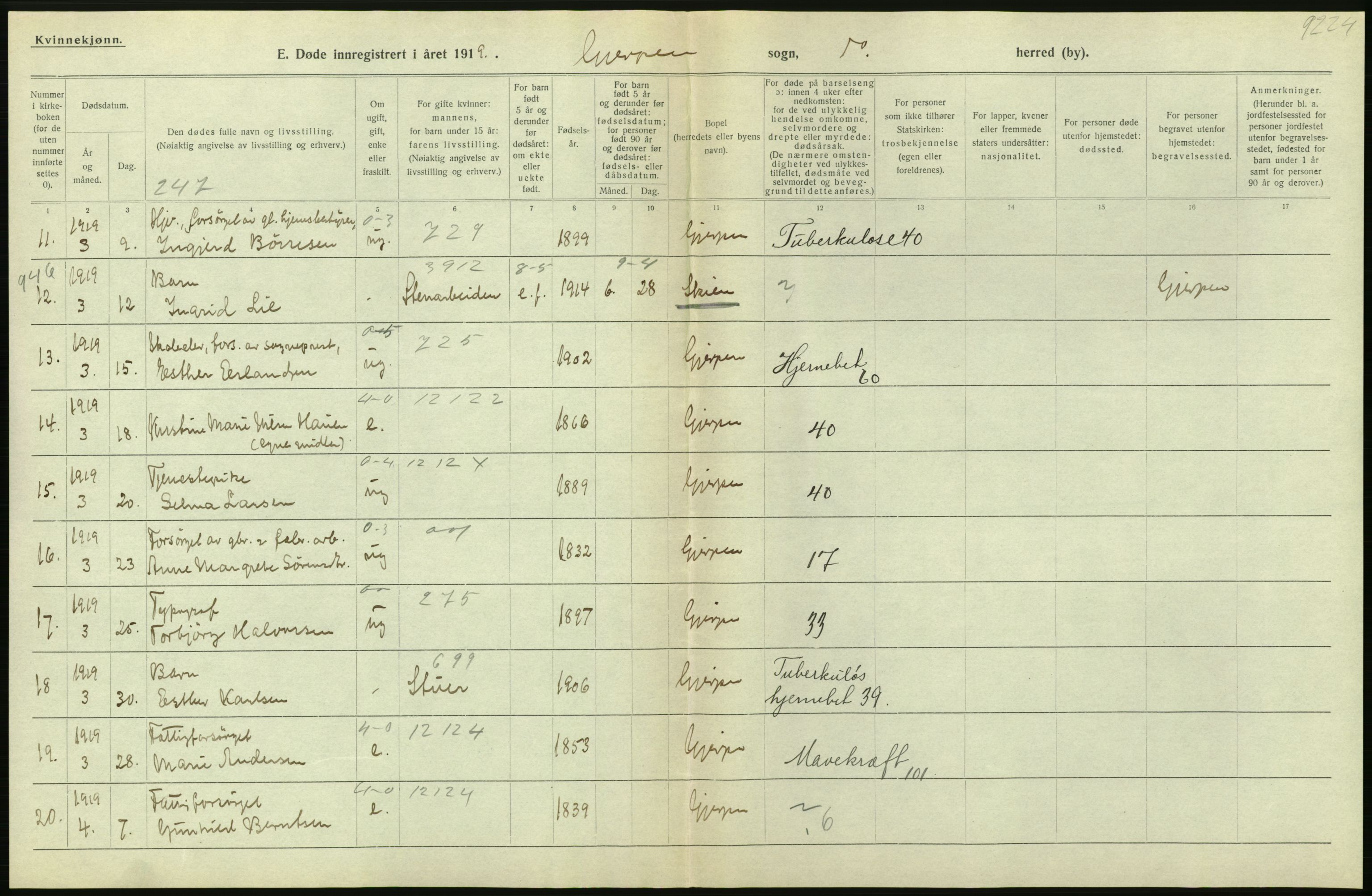 Statistisk sentralbyrå, Sosiodemografiske emner, Befolkning, AV/RA-S-2228/D/Df/Dfb/Dfbi/L0023: Telemark fylke: Døde. Bygder og byer., 1919, p. 218