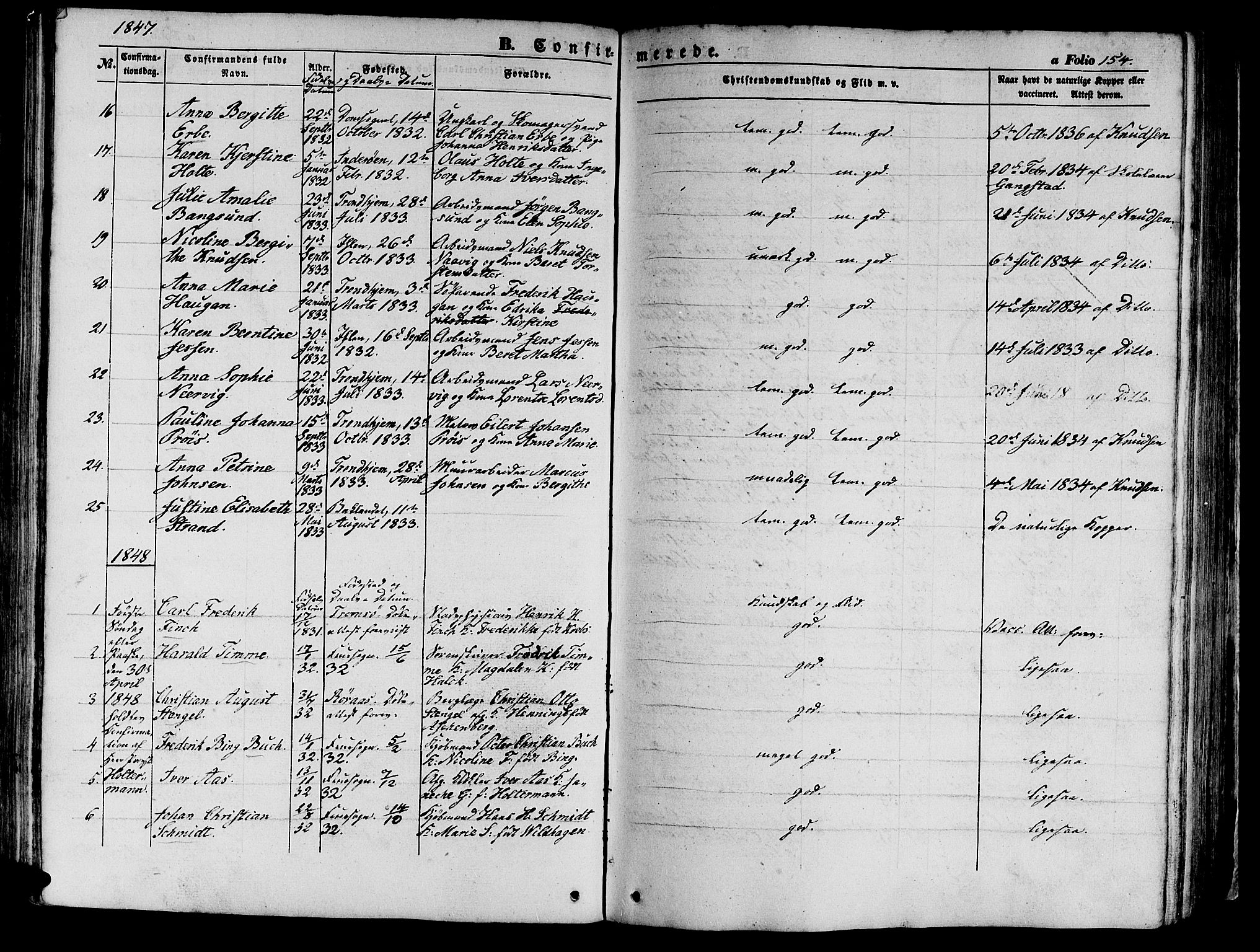 Ministerialprotokoller, klokkerbøker og fødselsregistre - Sør-Trøndelag, SAT/A-1456/602/L0137: Parish register (copy) no. 602C05, 1846-1856, p. 154