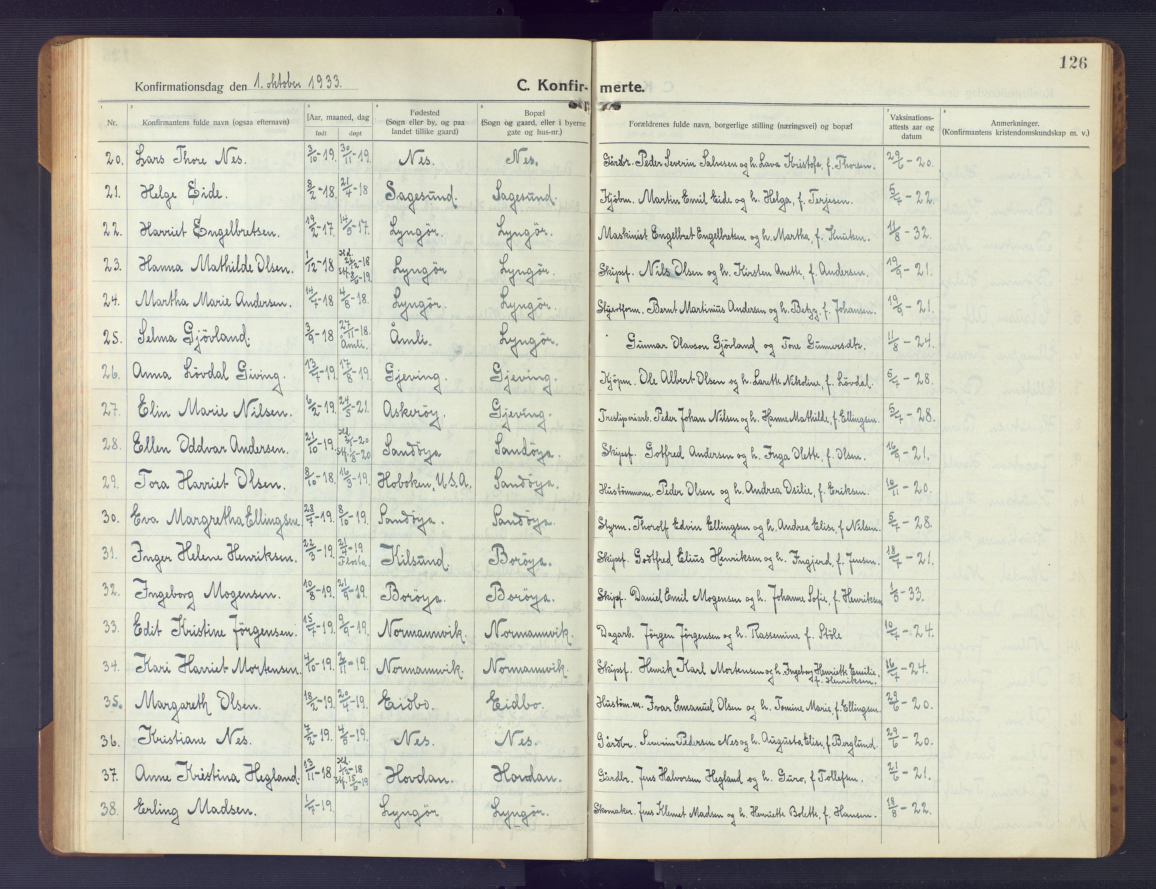 Dypvåg sokneprestkontor, AV/SAK-1111-0007/F/Fb/Fba/L0015: Parish register (copy) no. B 15, 1922-1949, p. 126