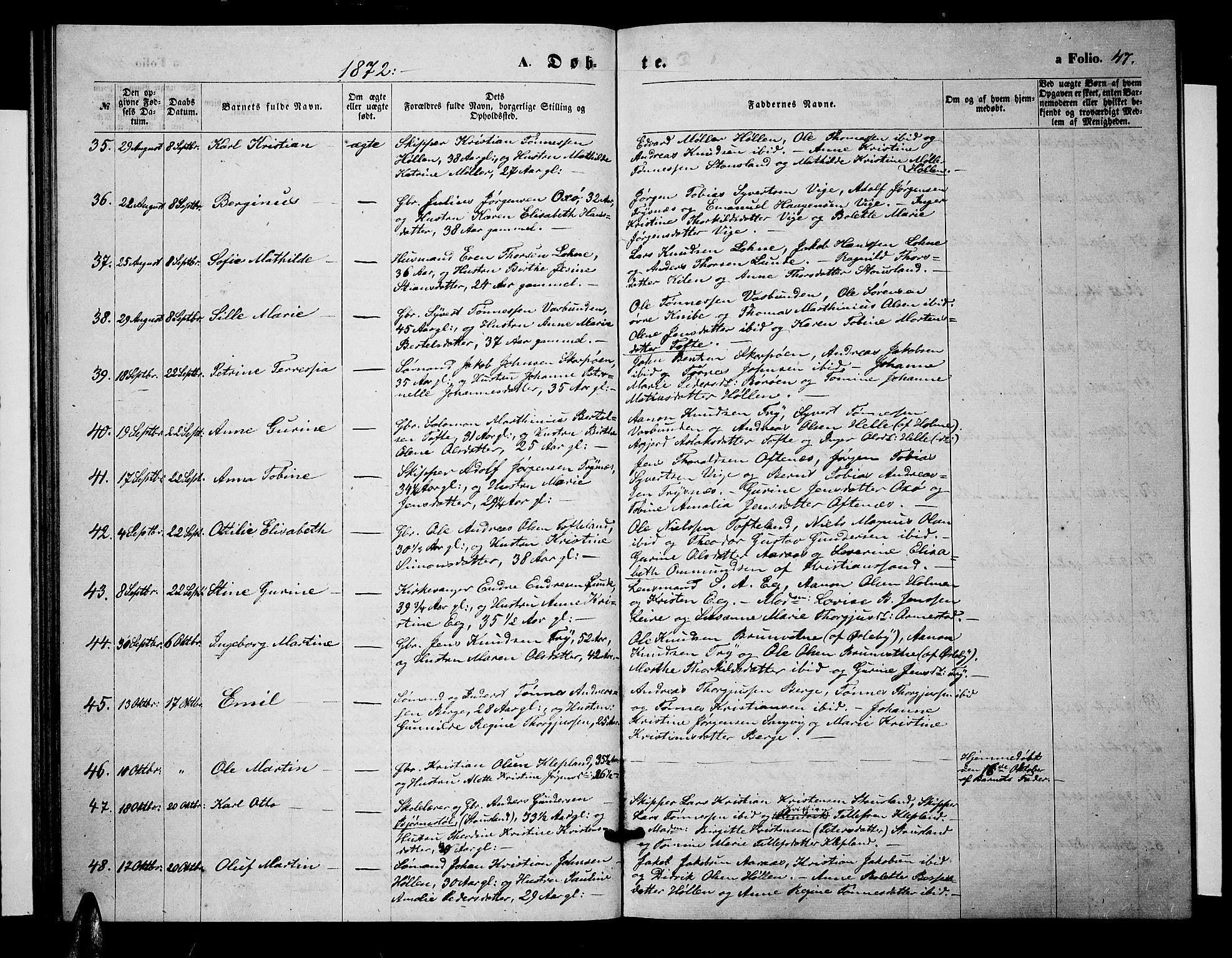 Søgne sokneprestkontor, SAK/1111-0037/F/Fb/Fbb/L0004: Parish register (copy) no. B 4, 1864-1883, p. 47