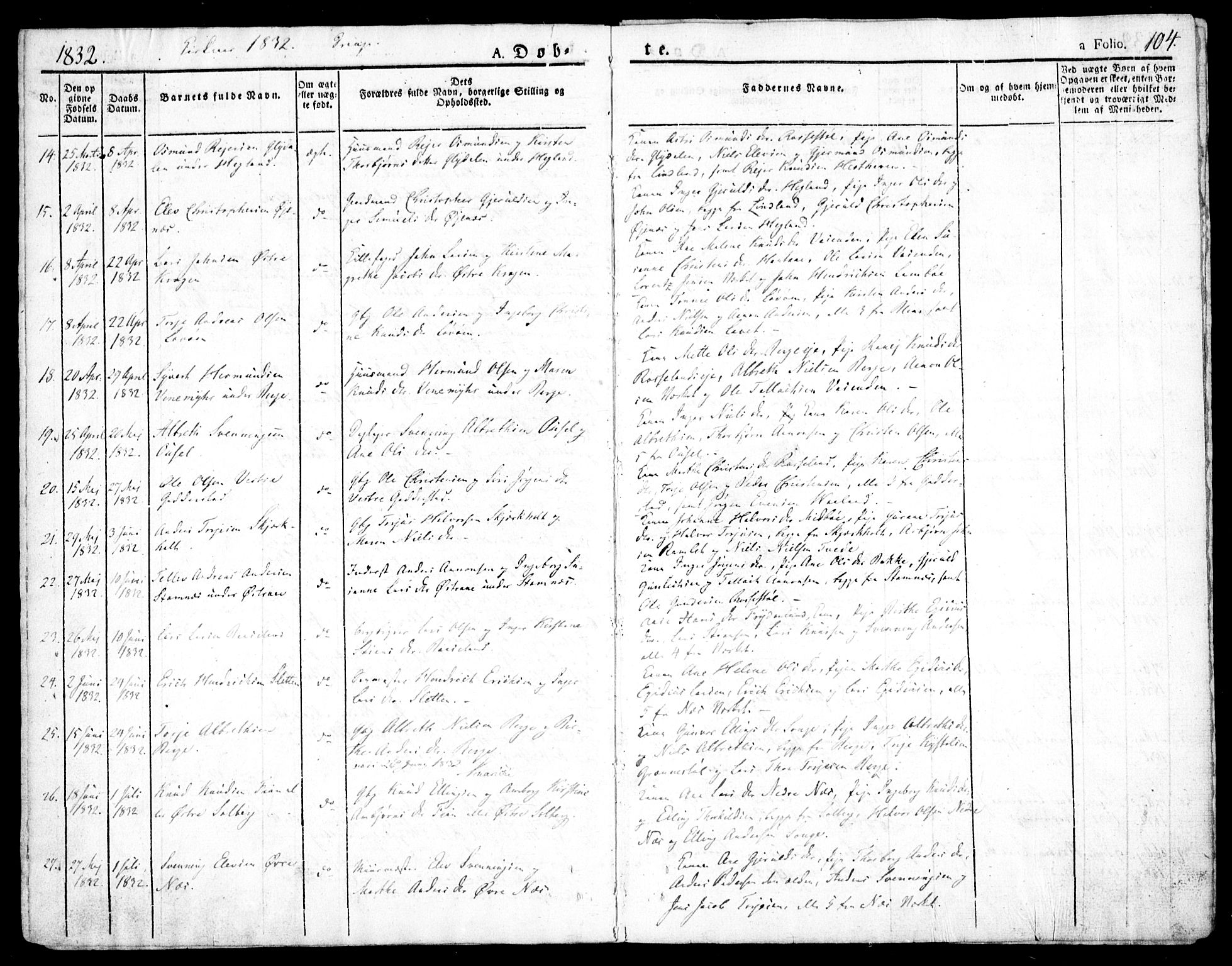 Holt sokneprestkontor, AV/SAK-1111-0021/F/Fa/L0006: Parish register (official) no. A 6, 1820-1835, p. 104