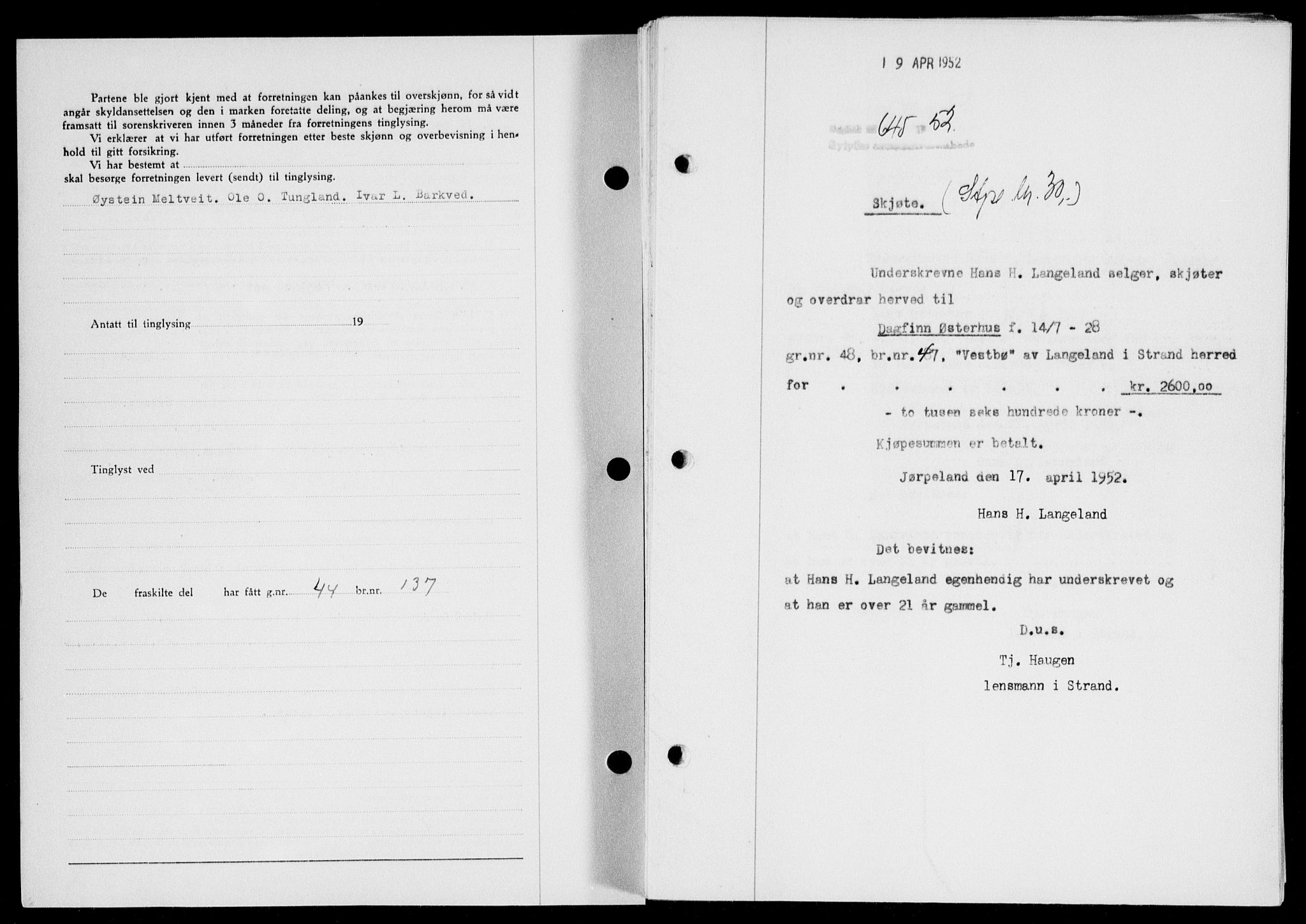 Ryfylke tingrett, SAST/A-100055/001/II/IIB/L0116: Mortgage book no. 95, 1951-1952, Diary no: : 645/1952