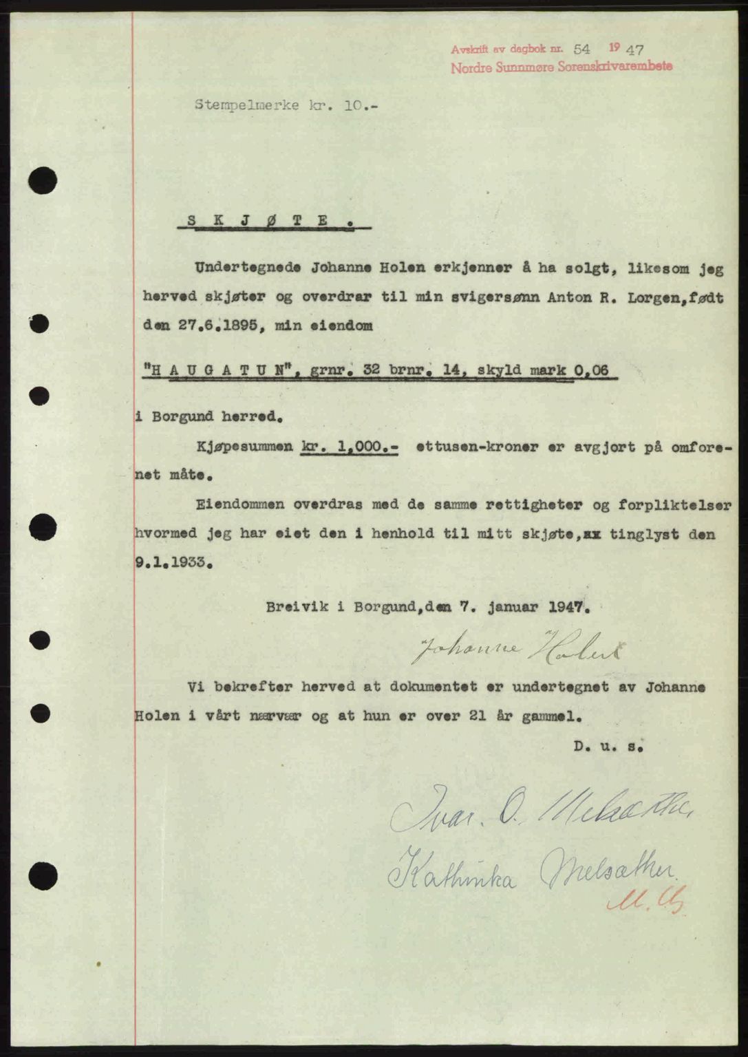 Nordre Sunnmøre sorenskriveri, AV/SAT-A-0006/1/2/2C/2Ca: Mortgage book no. A23, 1946-1947, Diary no: : 54/1947